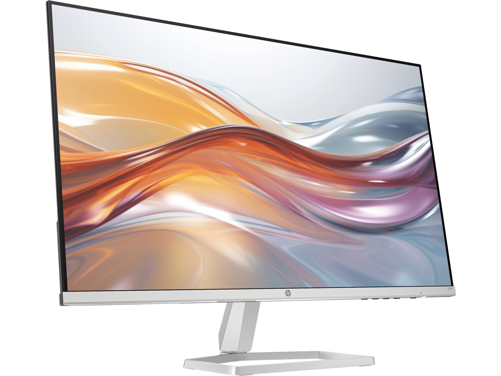Monitor de ordenador. Marco plateado. Pantalla con arte abstracto colorido.
