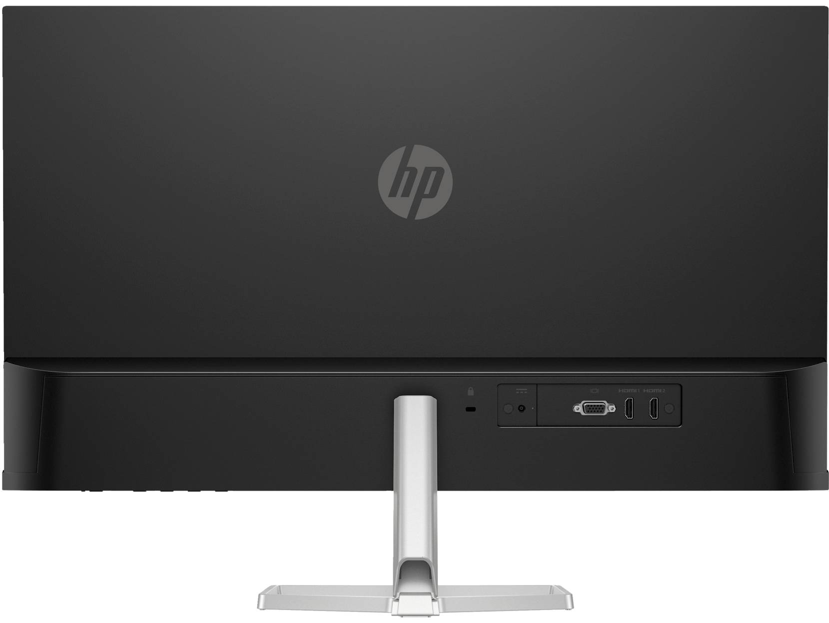 Vista trasera de un monitor de computadora negro con puertos de entrada y soporte.