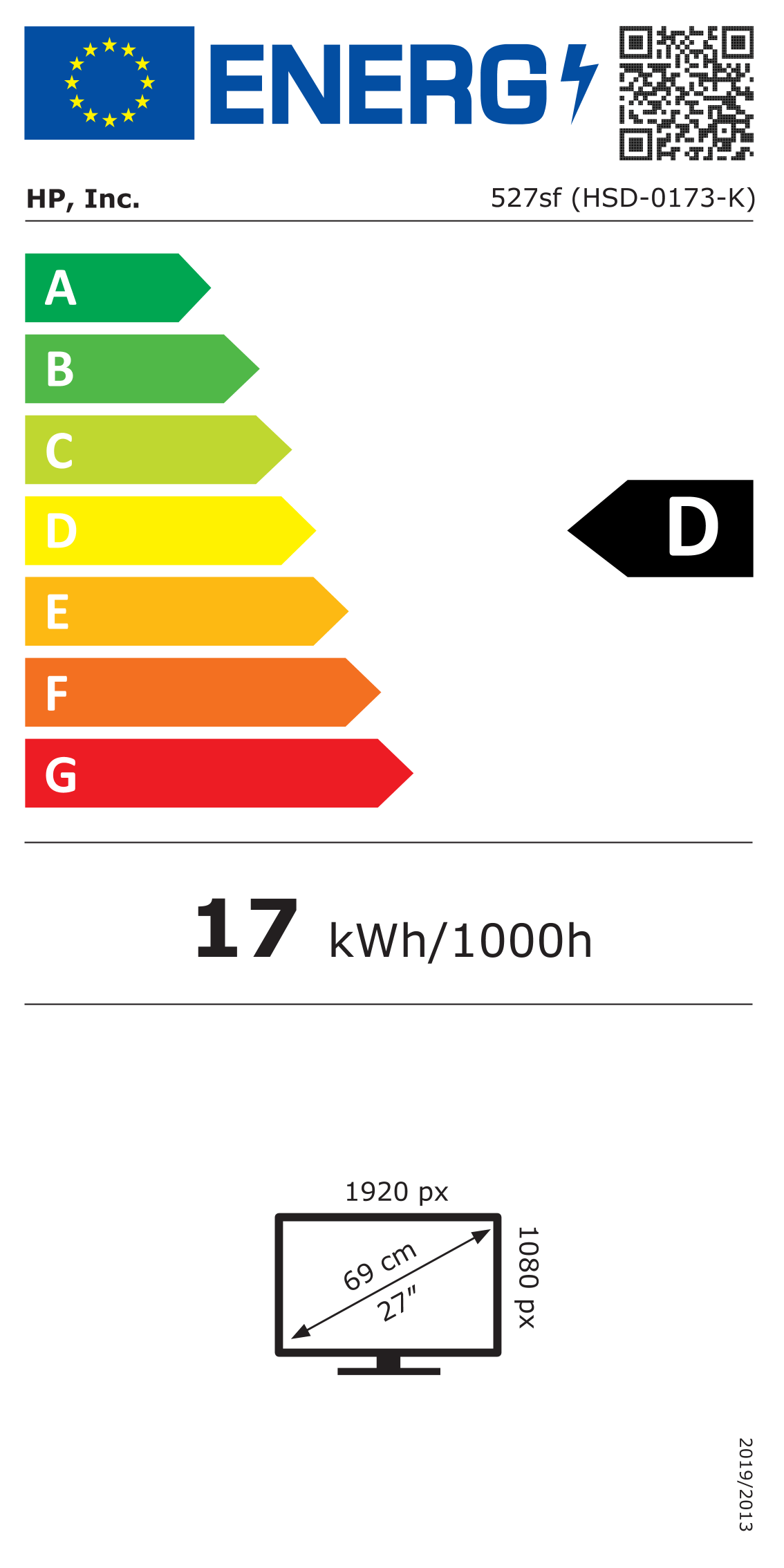 Una etiqueta energética para un monitor, que muestra la clasificación de eficiencia energética y otros detalles.