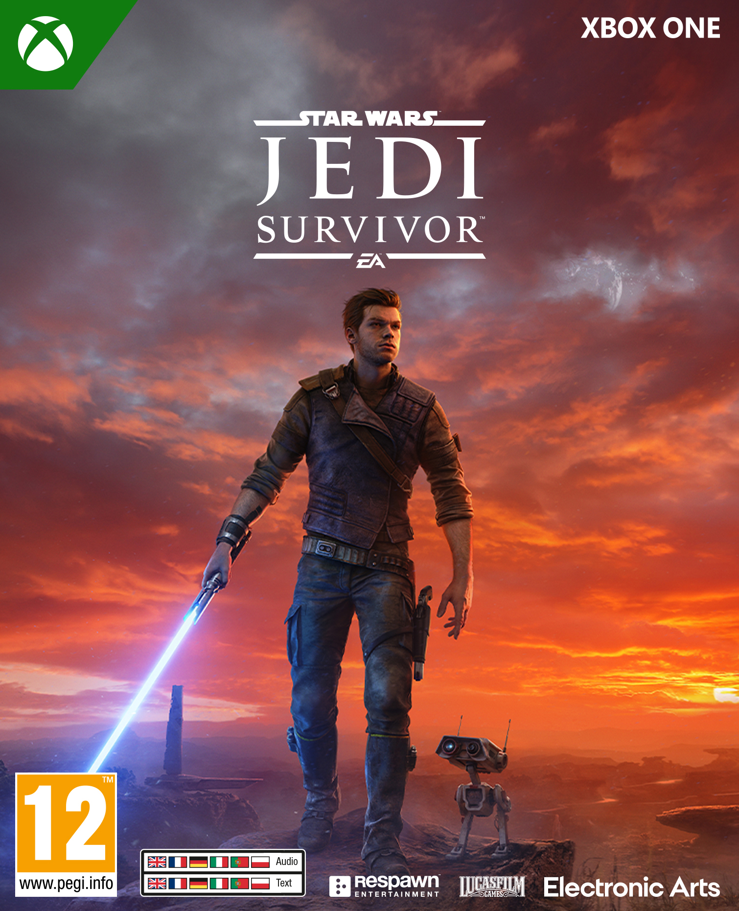 Grafika pudełka gry Star Wars Jedi Survivor. Przedstawia mężczyznę z mieczem świetlnym i droidem.