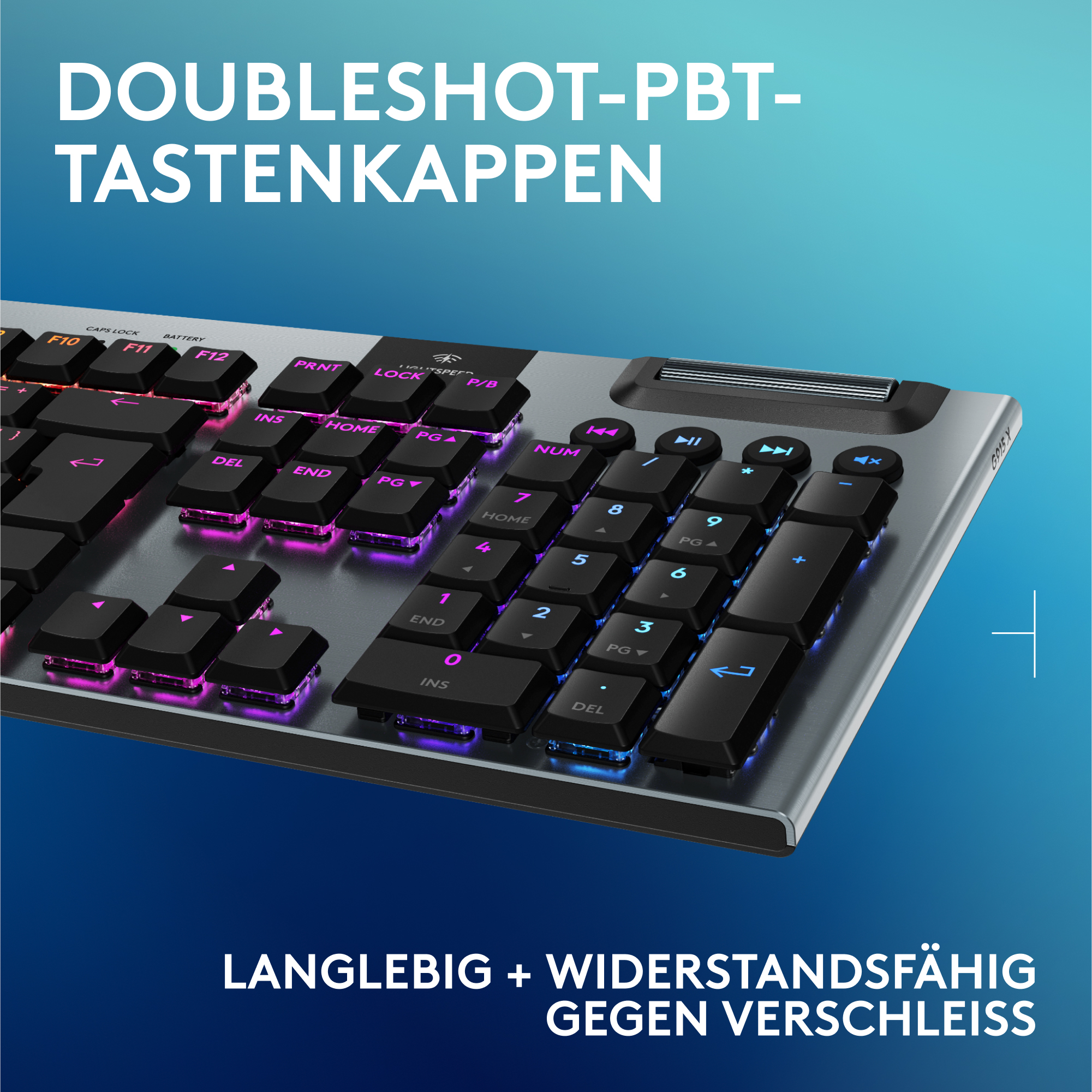 Nahaufnahme einer schwarzen Tastatur mit beleuchteten Tasten, Text: 'DOUBLSHOT-PBT-TASTENKAPPEN'
