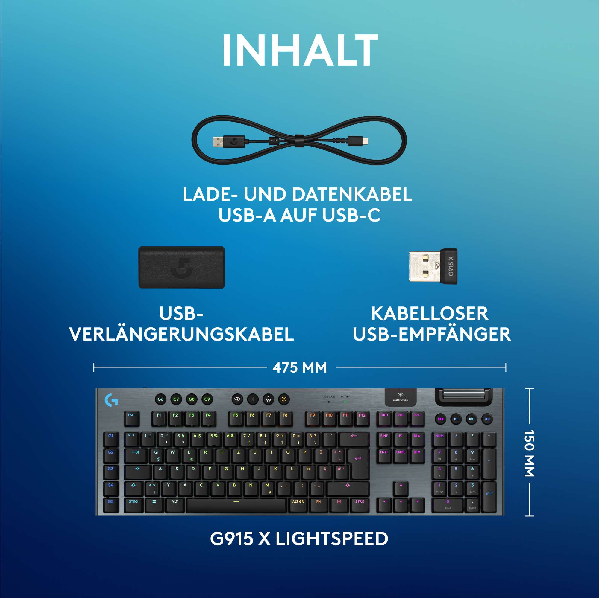 Tastatur, USB-C-Datenkabel, USB-Verlängerung und drahtloser USB-Empfänger im Karton.