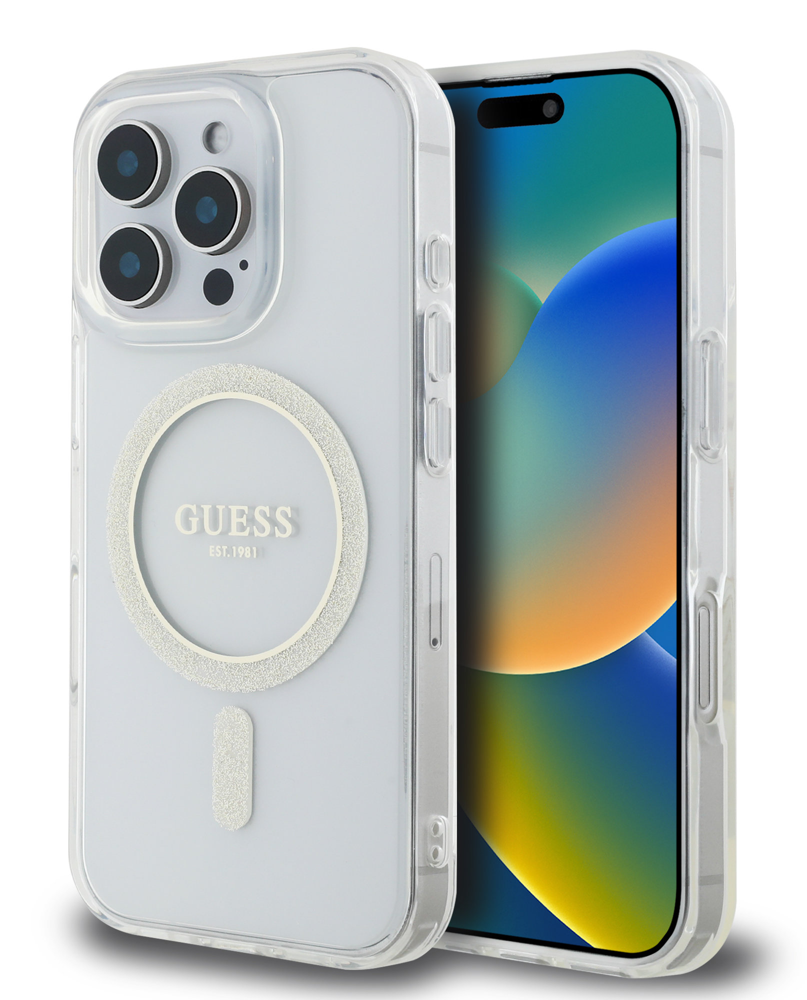 Przezroczyste etui na iPhone z białym logo Guess i pierścieniem MagSafe. Telefon wyświetla kolorowy ekran.