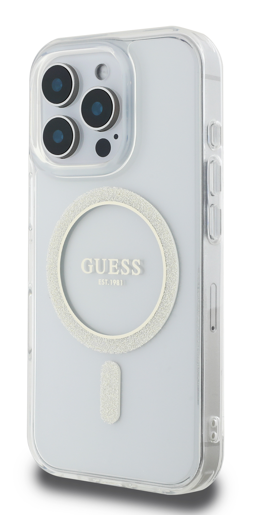 Przezroczyste etui na telefonie. Posiada logo Guess i pierścień dla MagSafe.