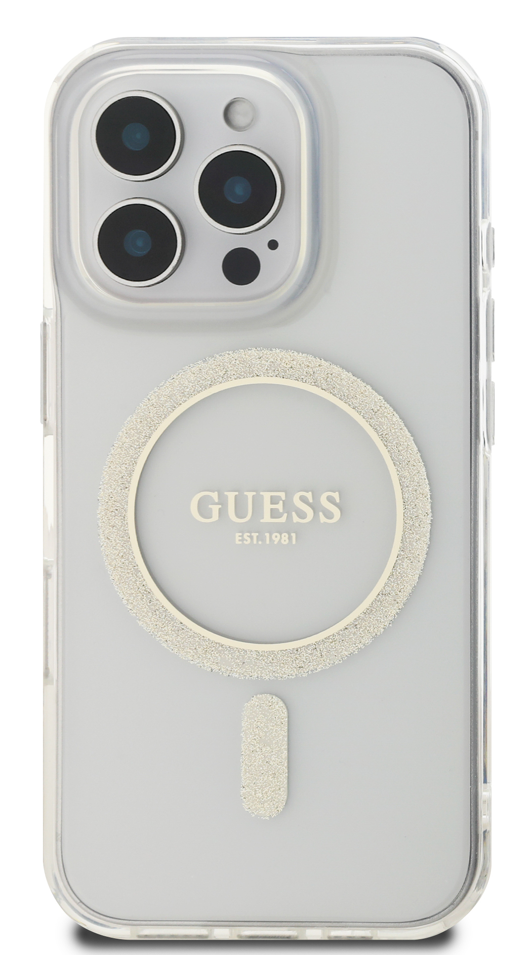 Przezroczyste etui na telefon ze złotym okręgiem, logo GUESS i obiektywami aparatu. Przezroczyste.