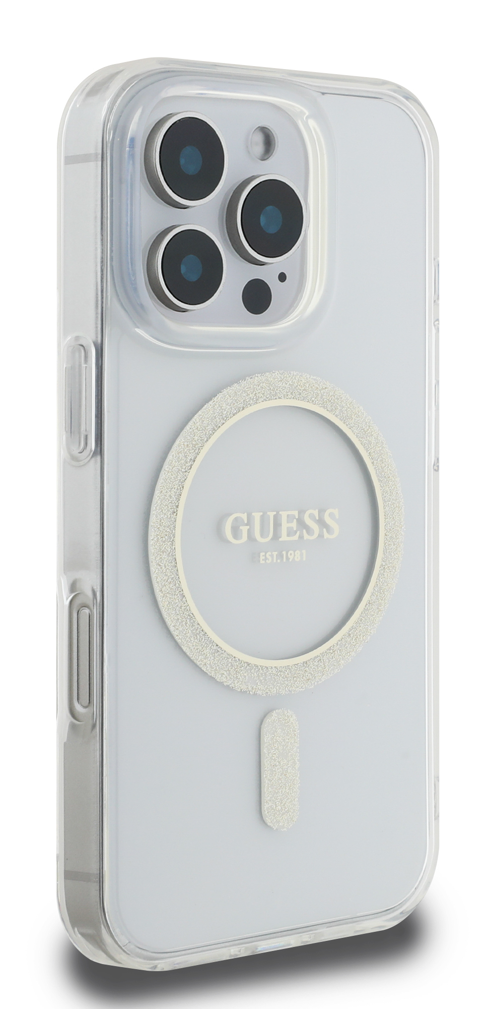 Przezroczyste etui na telefon z logo Guess i srebrnym okręgiem.