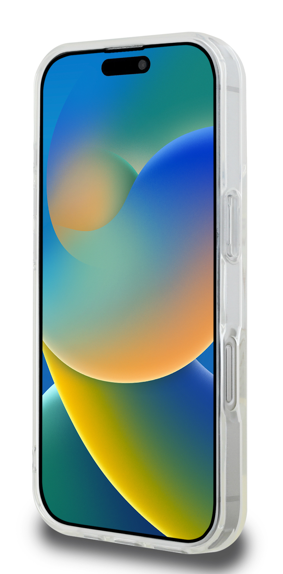 iPhone w przezroczystym etui, lekko pochylony na bok. Ekran wyświetla niebiesko-żółty gradient.