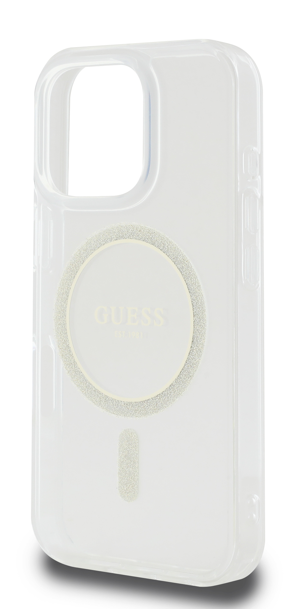 Przezroczyste etui na telefon z logo Guess, pokazujące magnetyczny pierścień.