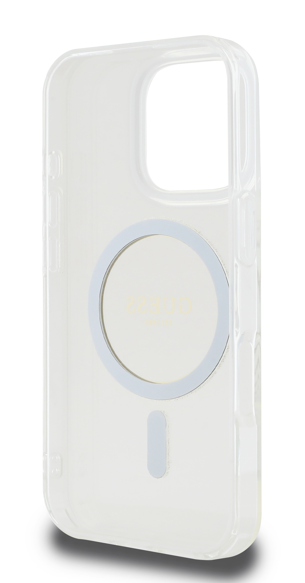 Przezroczyste etui na telefon z białym okręgiem pośrodku i napisem 'GUESS'. Etui jest przezroczyste.