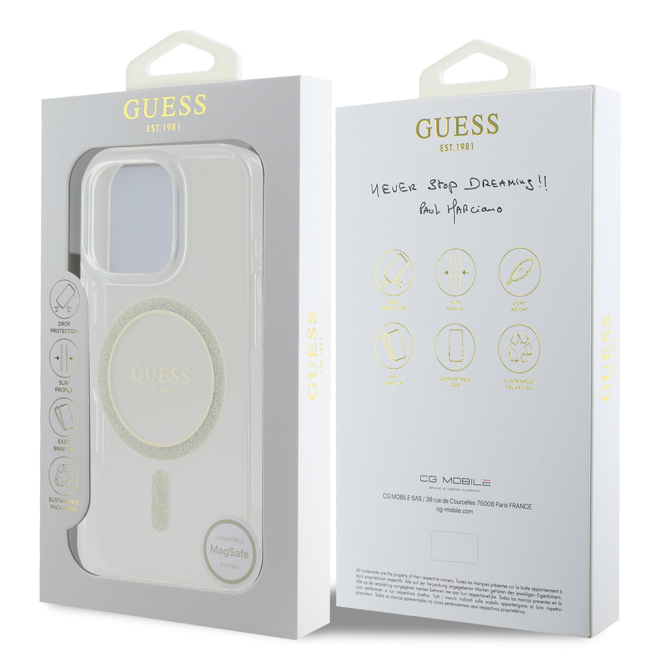 Dwa białe pudełka na etui na telefon Guess z przezroczystym etui i tekstem. Tło jest białe.