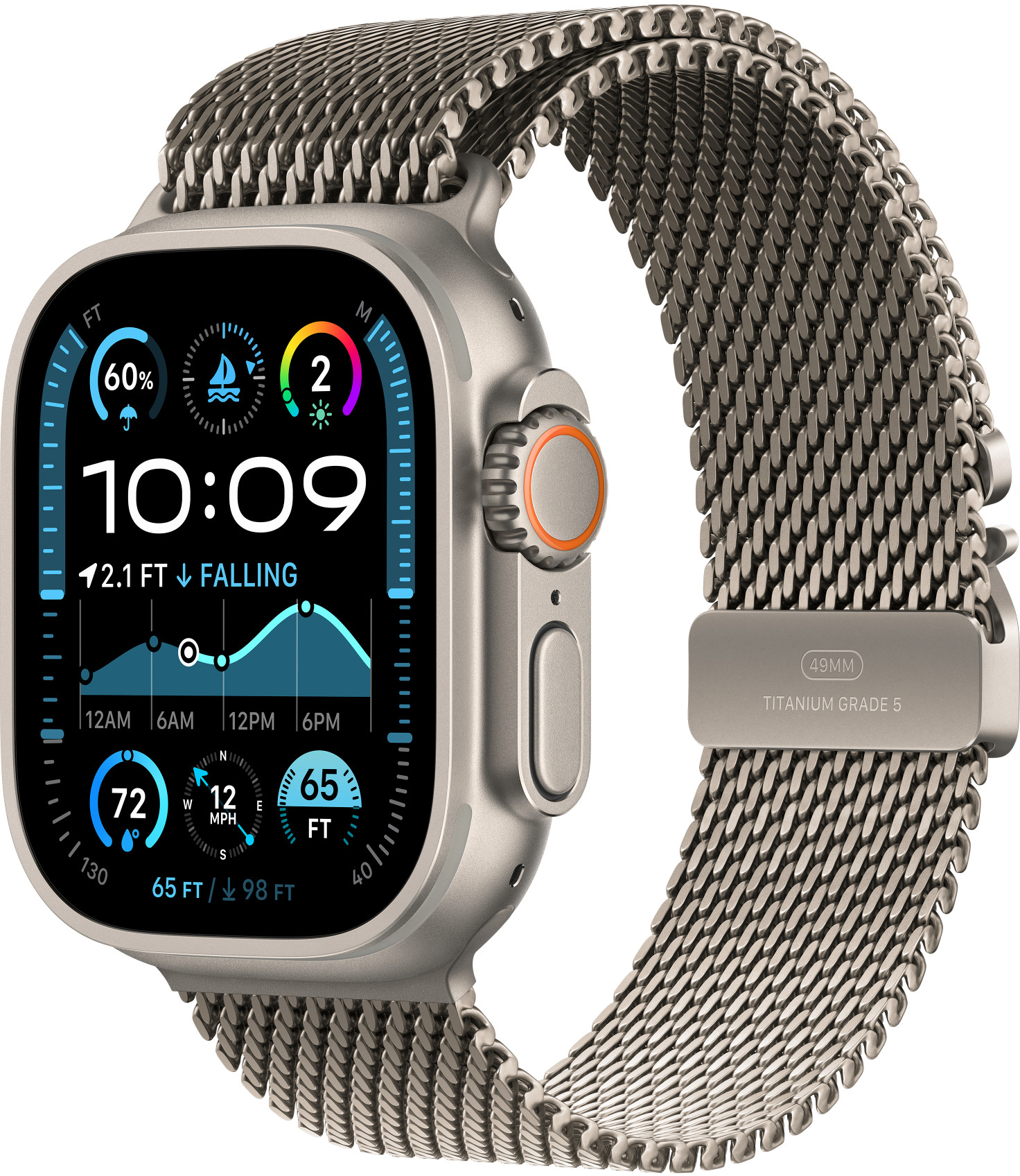 Egy ezüst okosóra fém szíjjal. A kijelző adatok, például idő, akkumulátor és egy grafikon.
