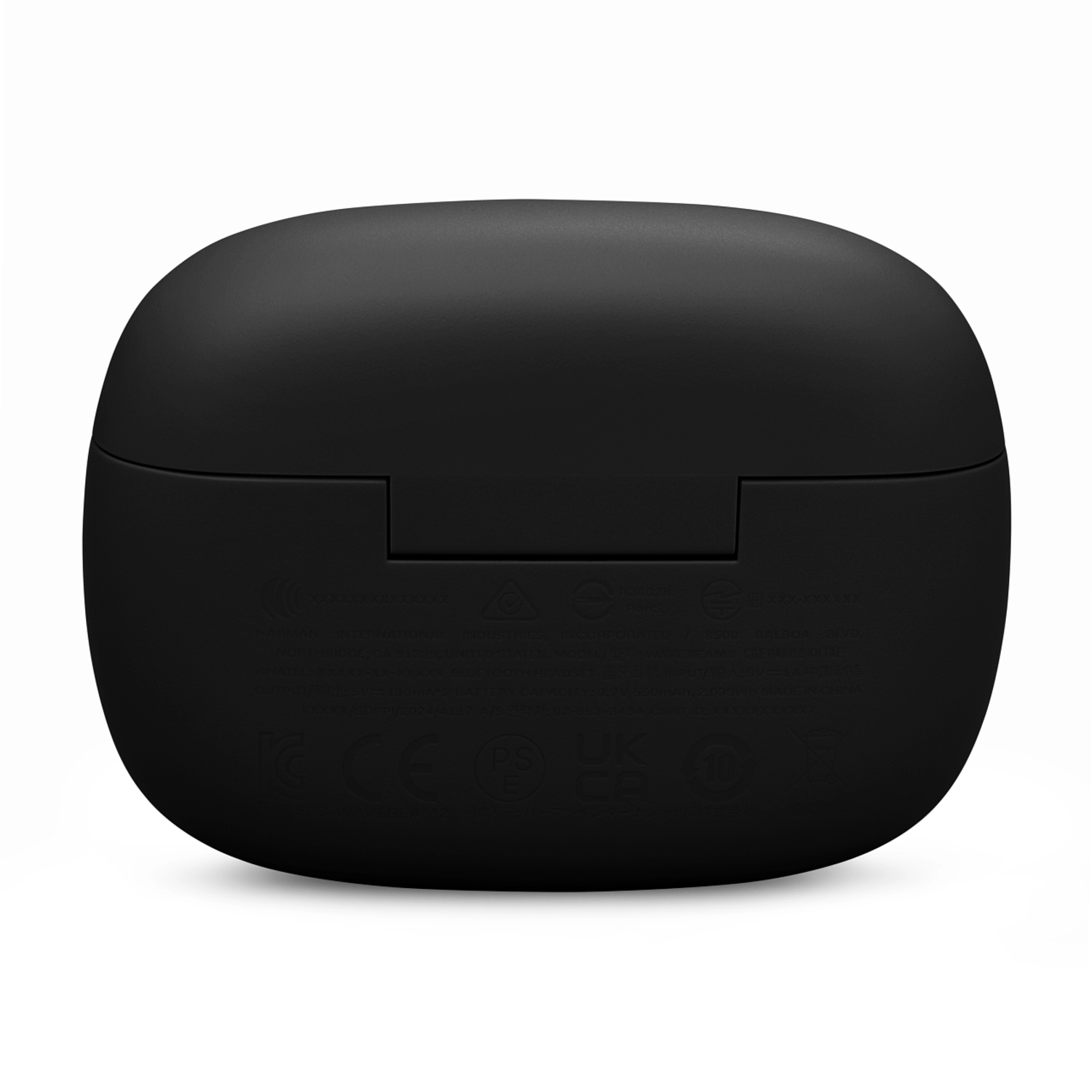 Bottom view of a black charging case for earbuds. It has regulatory markings and charging information printed on it.