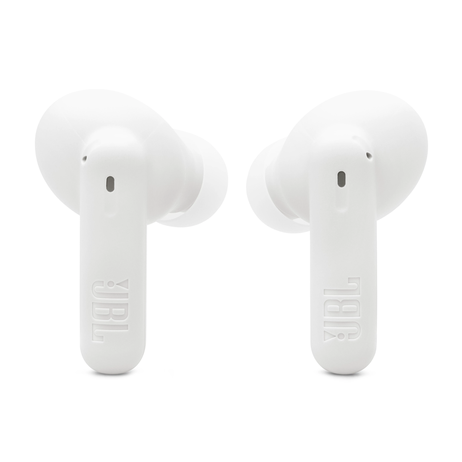 White JBL earbuds. Both earbuds are facing forward.