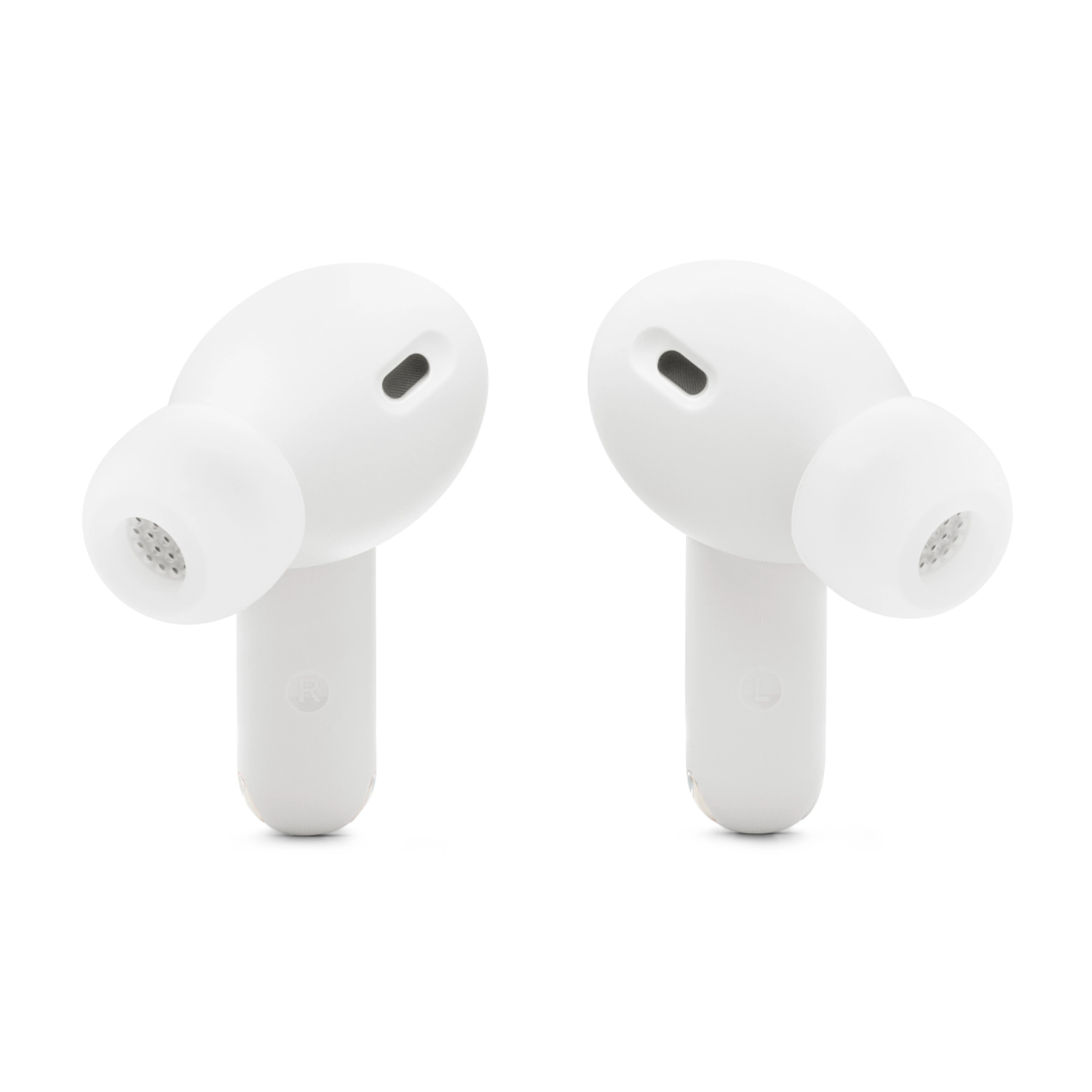 Two white earbuds, facing opposite directions, on a white background.