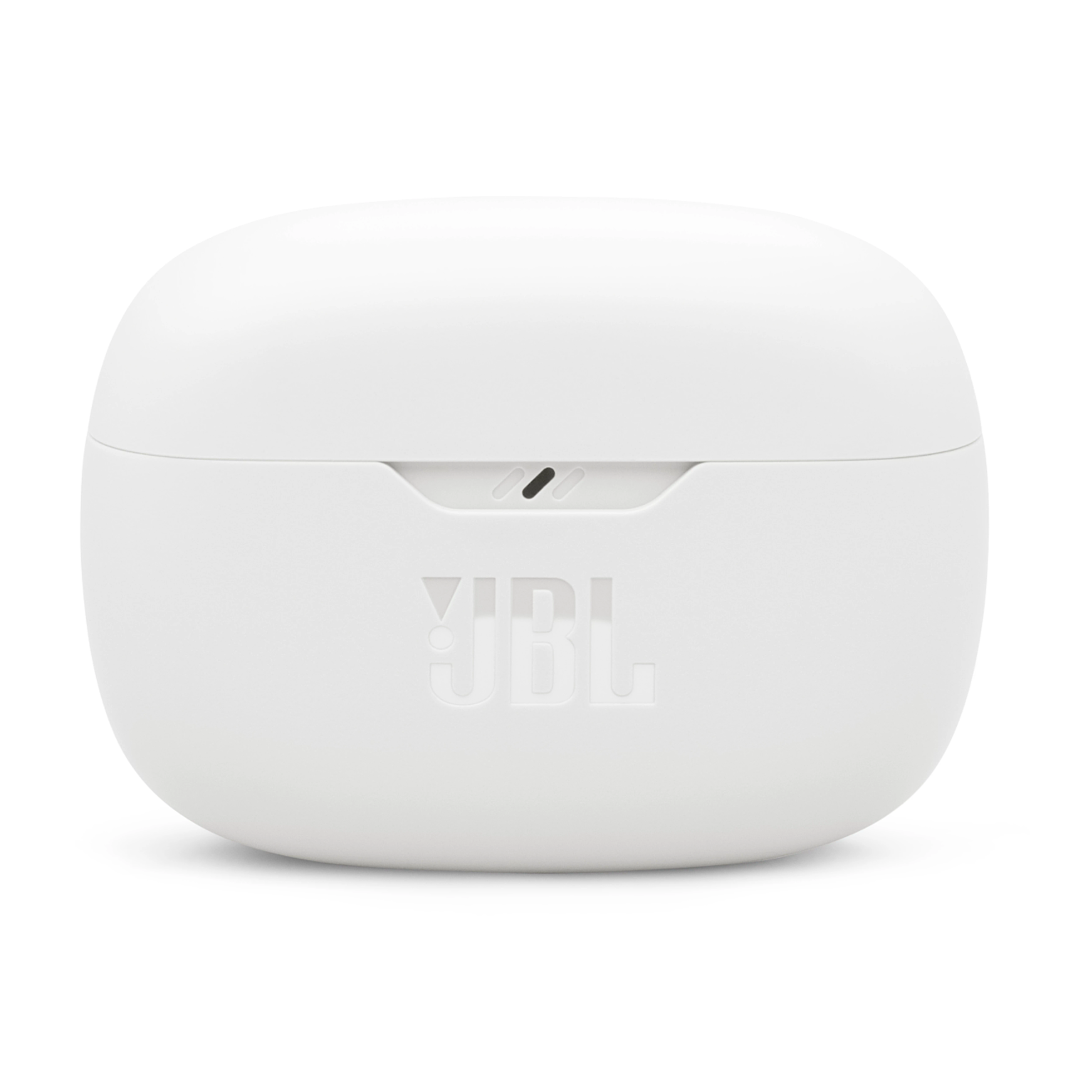 White, rounded charging case for earbuds with 'JBL' logo.