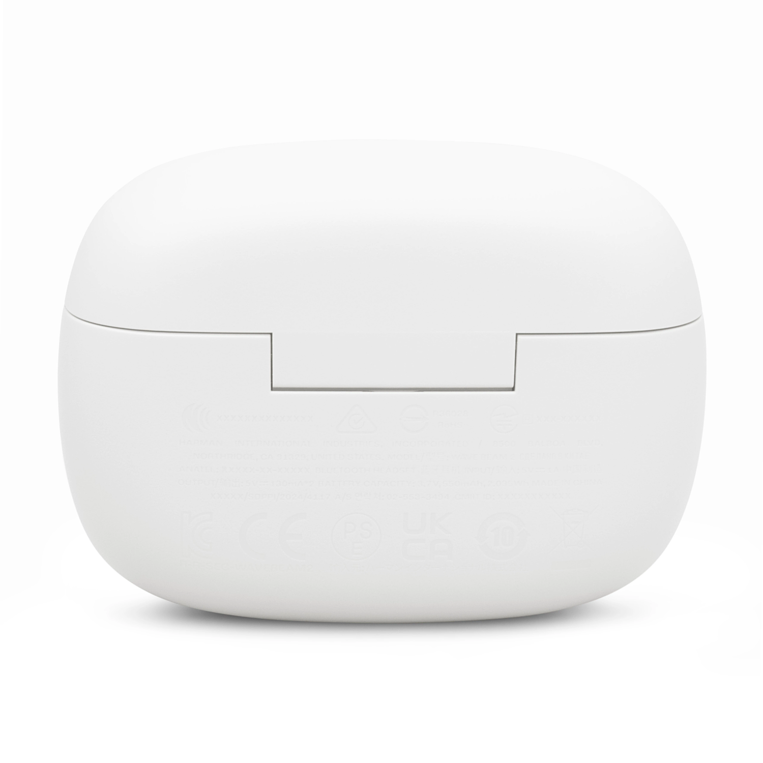 A white charging case for earbuds, with some printed text on the bottom.