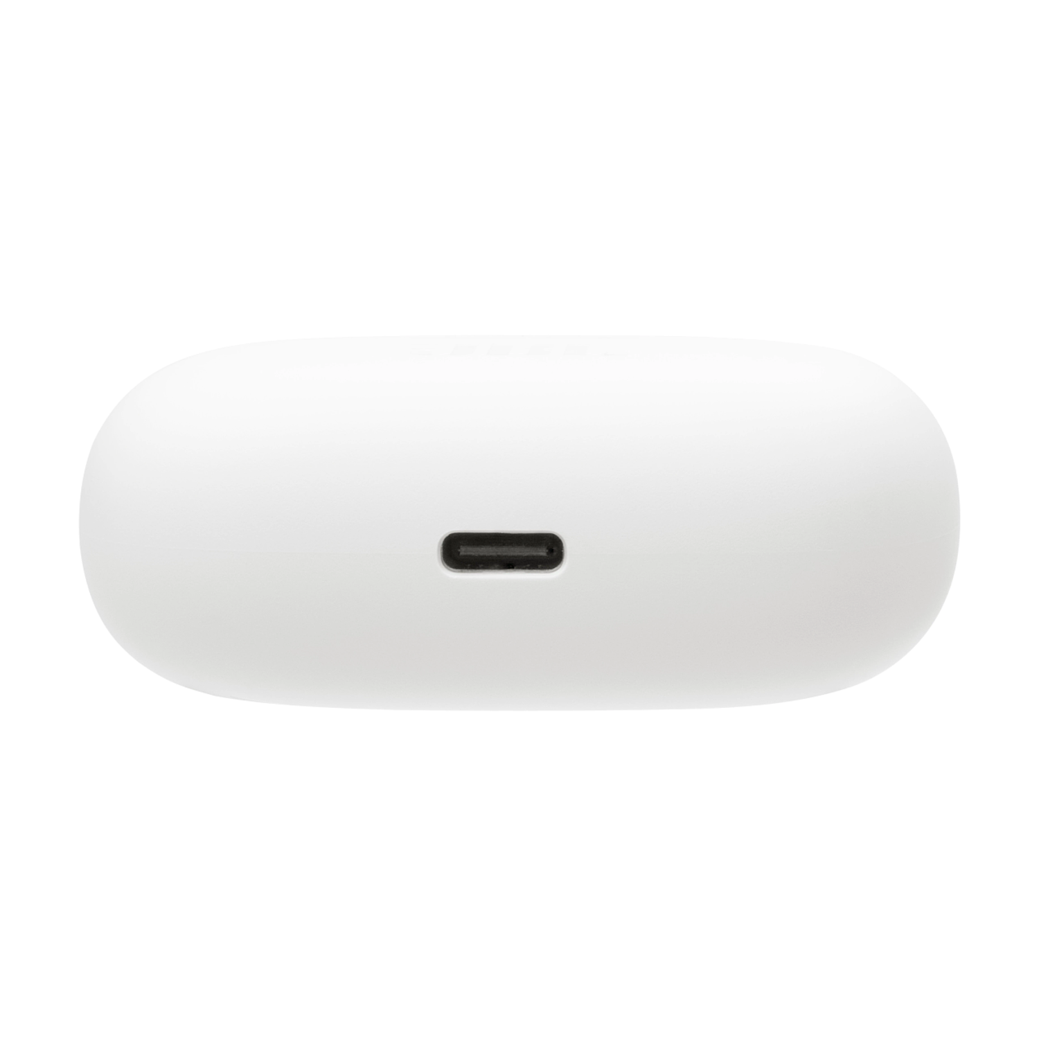 A white charging case with a USB-C port. The case is oval shaped, and the port is black.