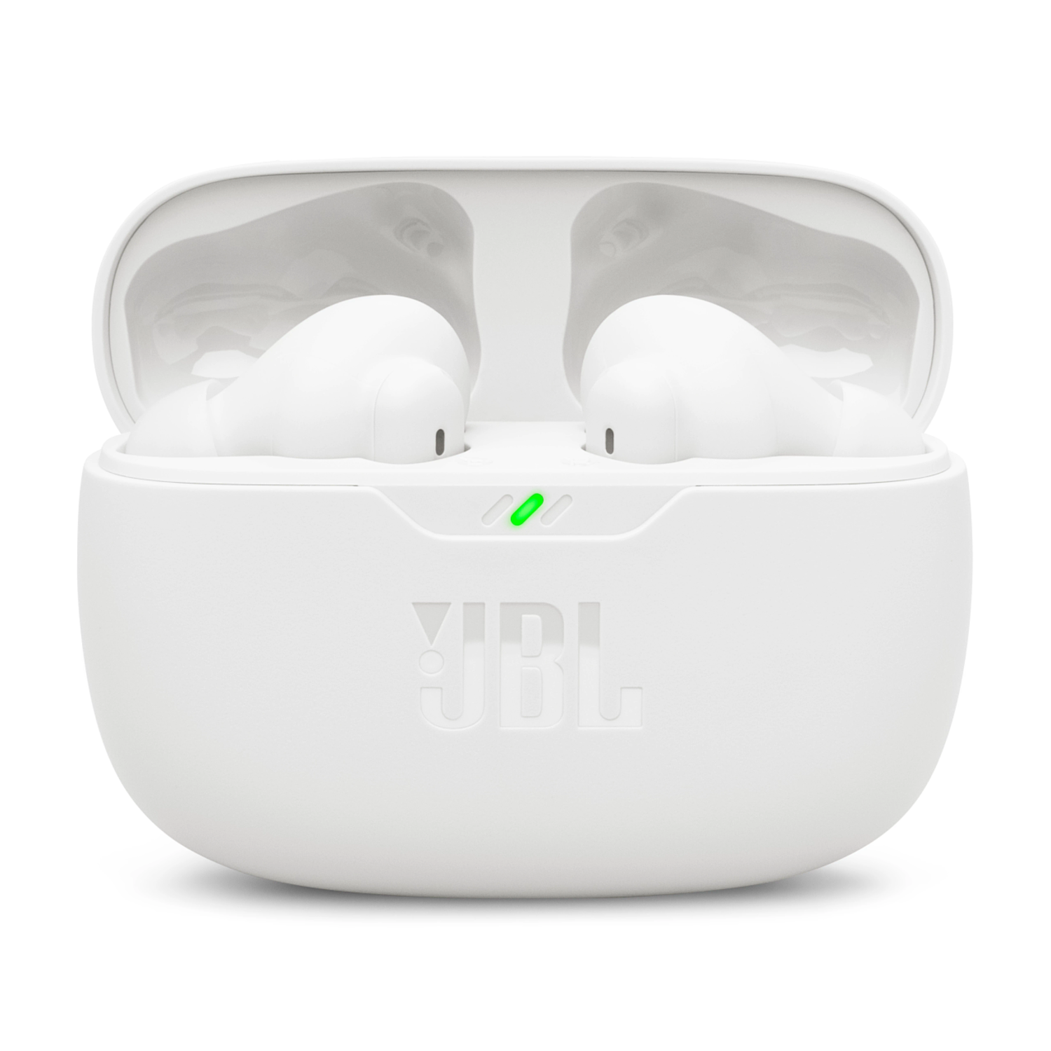 White JBL earbuds in an open white charging case, isolated on white background.