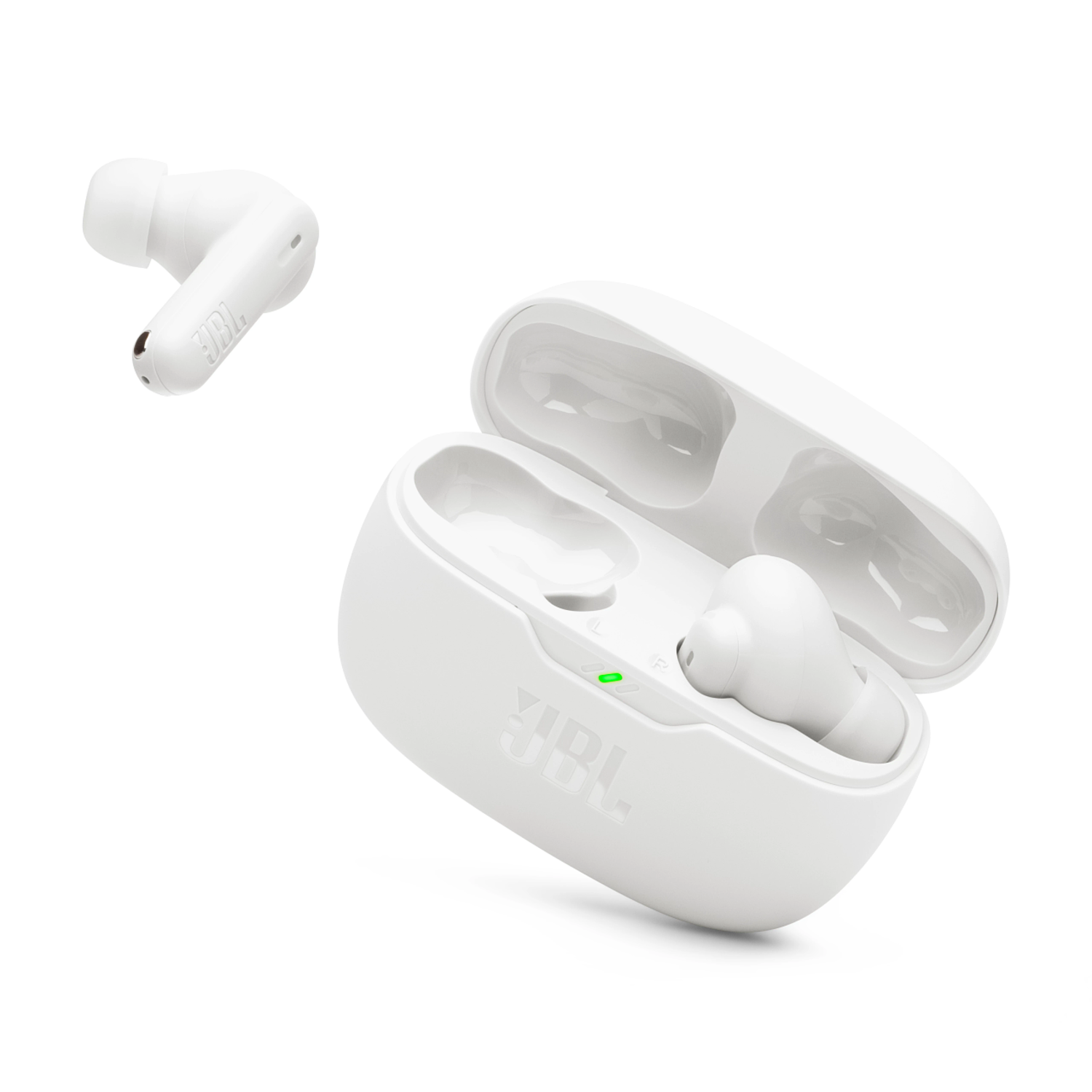 Two white earbuds in a white charging case. The background is white.