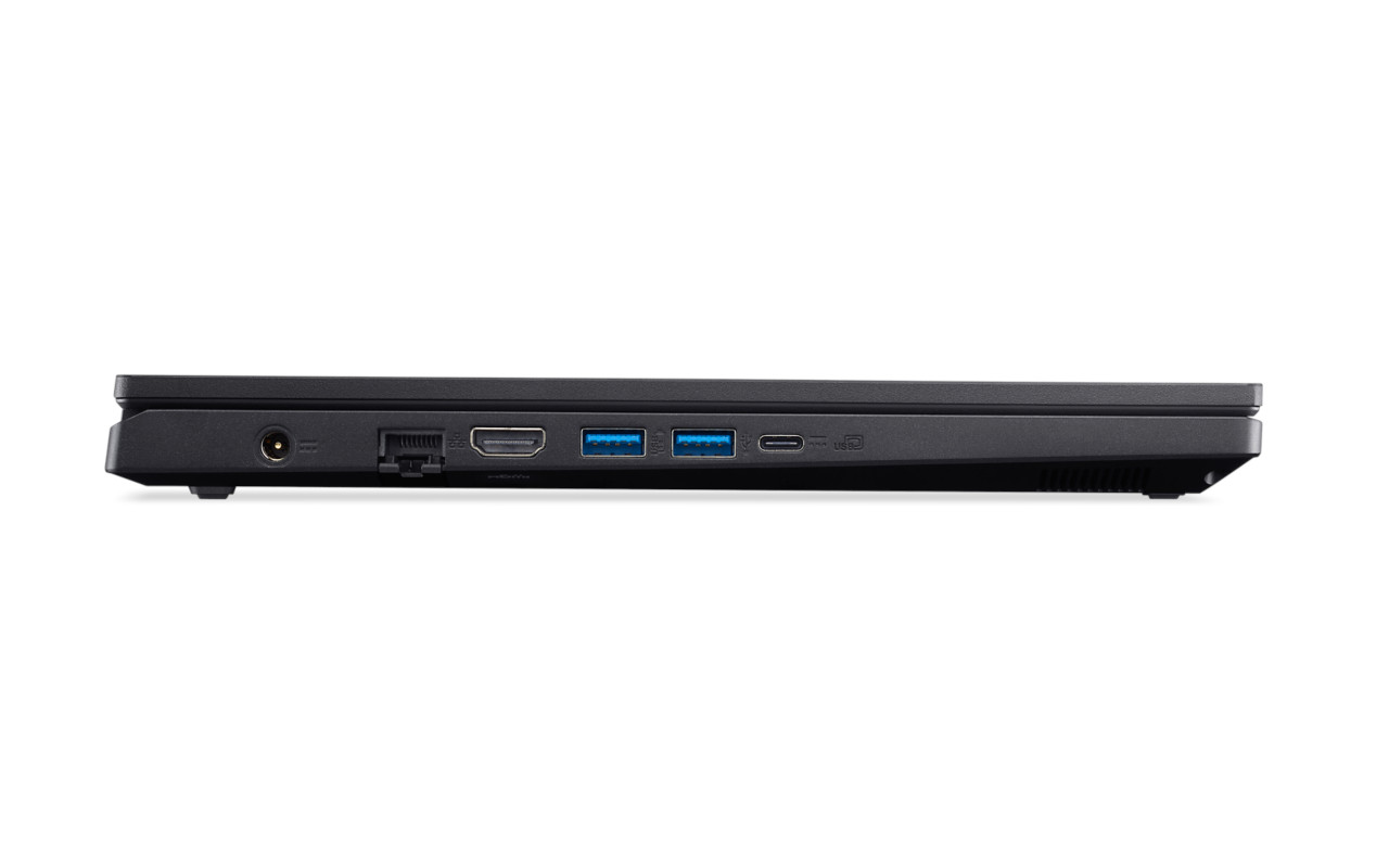 Zijkant zwarte laptop. Poorten: voeding, ethernet, HDMI, USB en USB-C. Witte achtergrond.