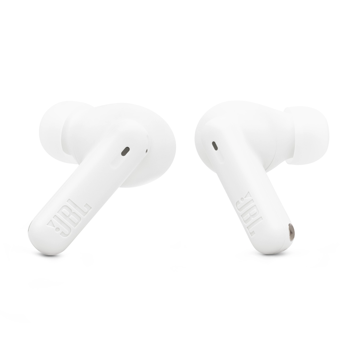 Two white JBL earbuds on a white surface. The left one shows the JBL logo.
