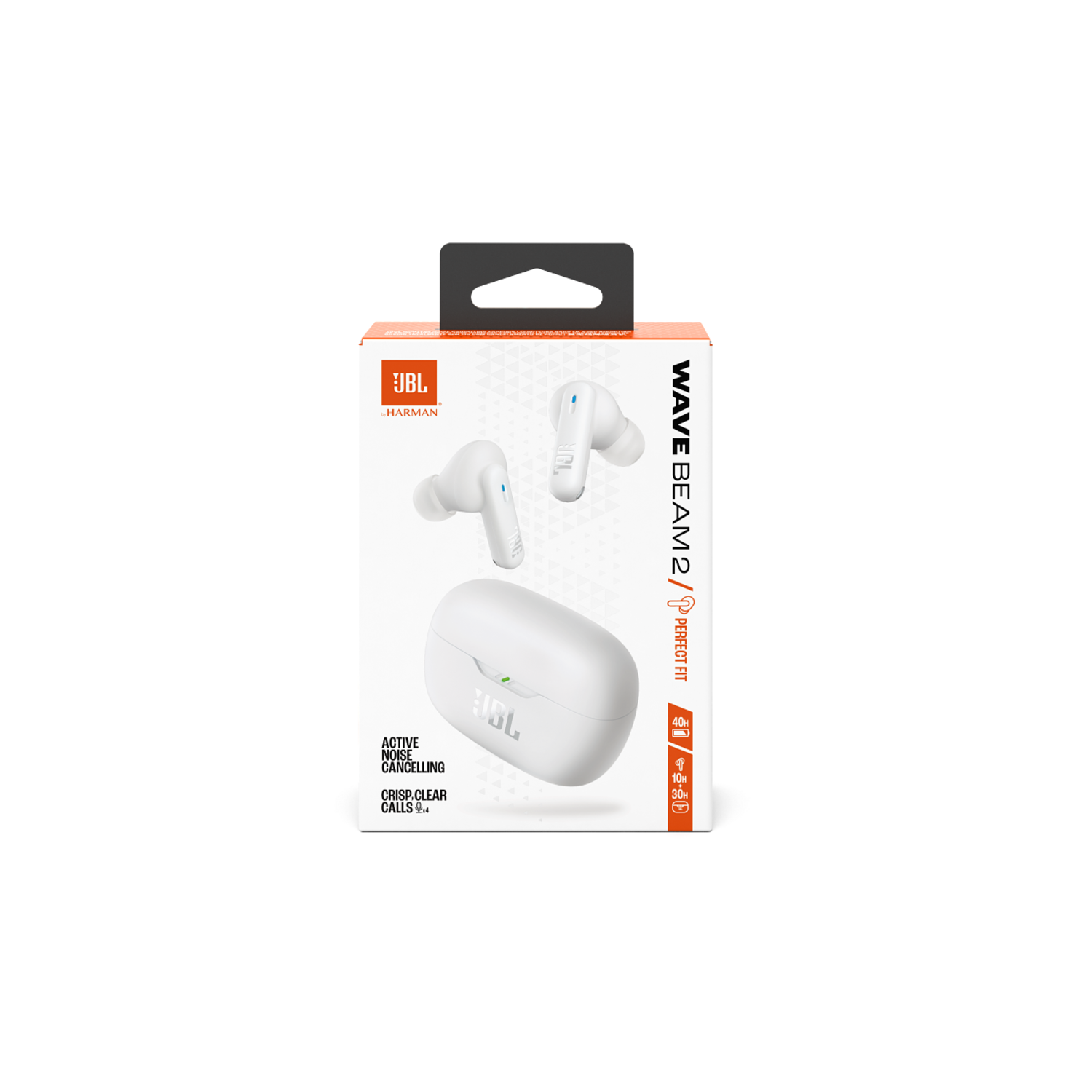 White JBL Wave Beam 2 earbuds in a box with a black top and orange accents.