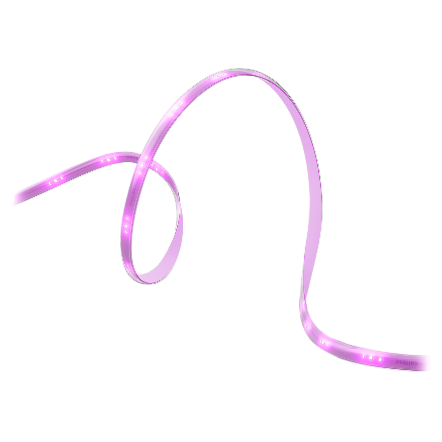 Une bande lumineuse au néon rose flexible sur un fond noir. Elle est courbée et porte le logo Philips.