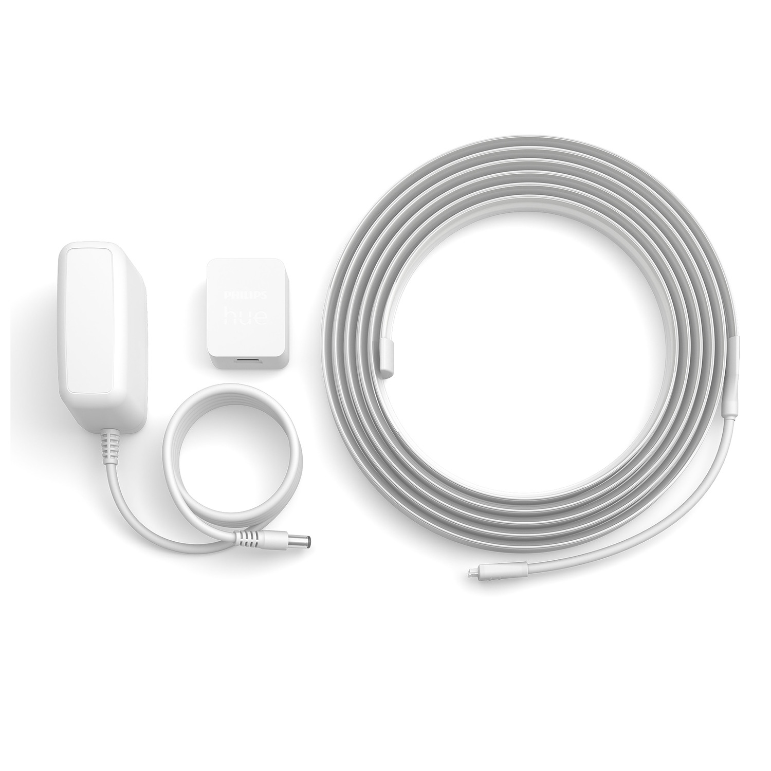 Composants de bande lumineuse Philips Hue blancs. Inclut adaptateur, contrôleur et bande.