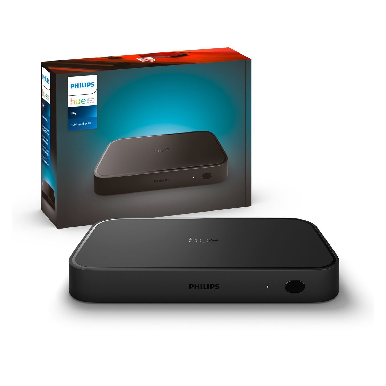 Un boîtier de synchronisation HDMI Philips Hue Play noir et son emballage. La boîte porte la marque Philips Hue.
