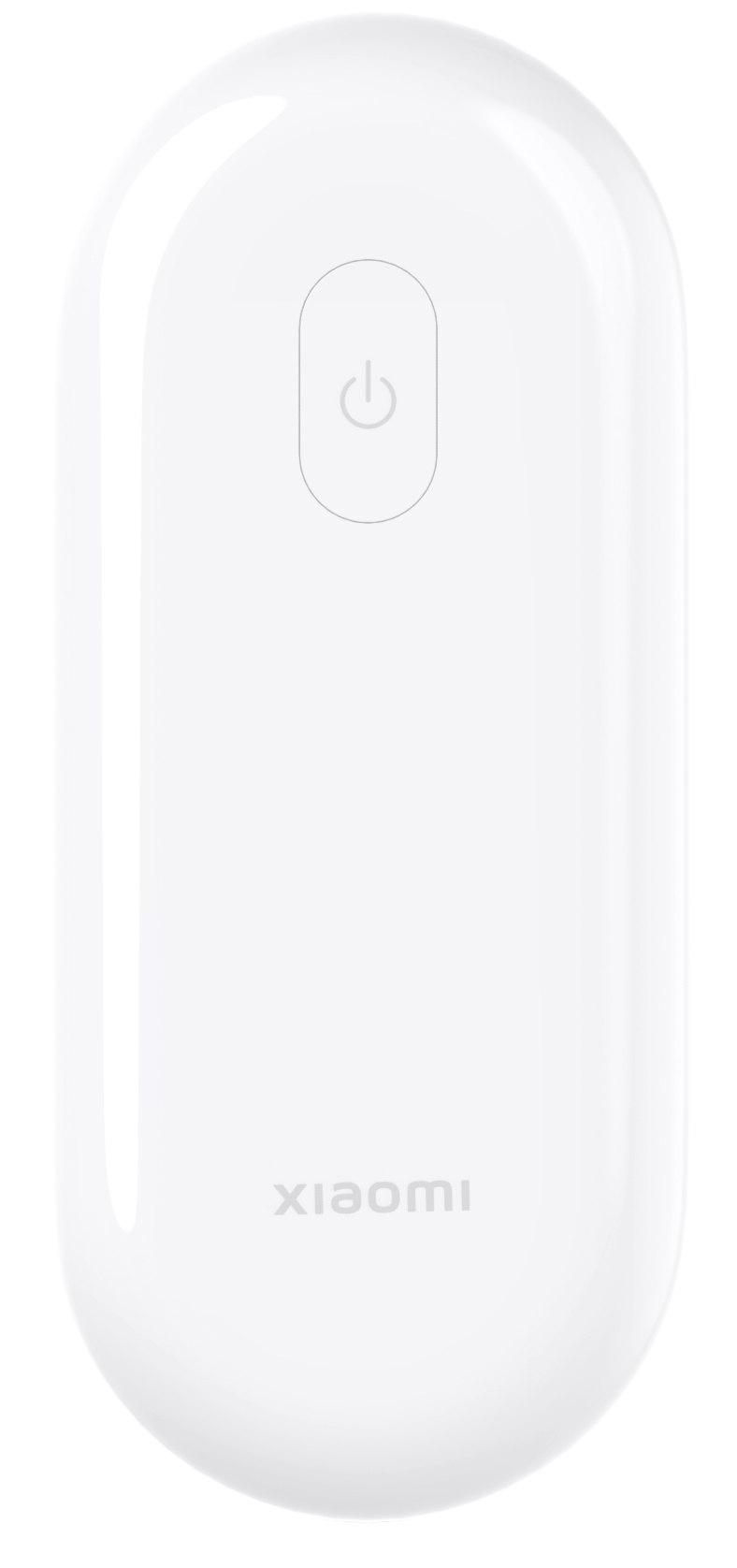 Fehér Xiaomi eszköz bekapcsológombbal, ovális formával és Xiaomi logóval alul.