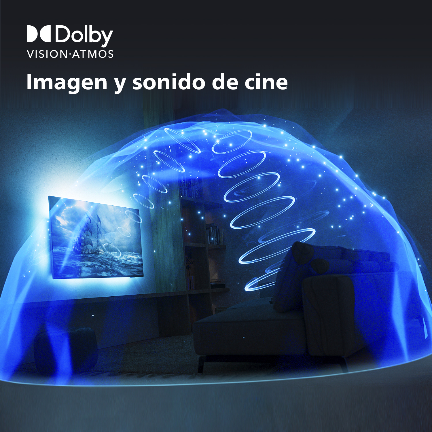 Pantalla de TV con escena cinematográfica y efecto de luz azul, con logo Dolby.