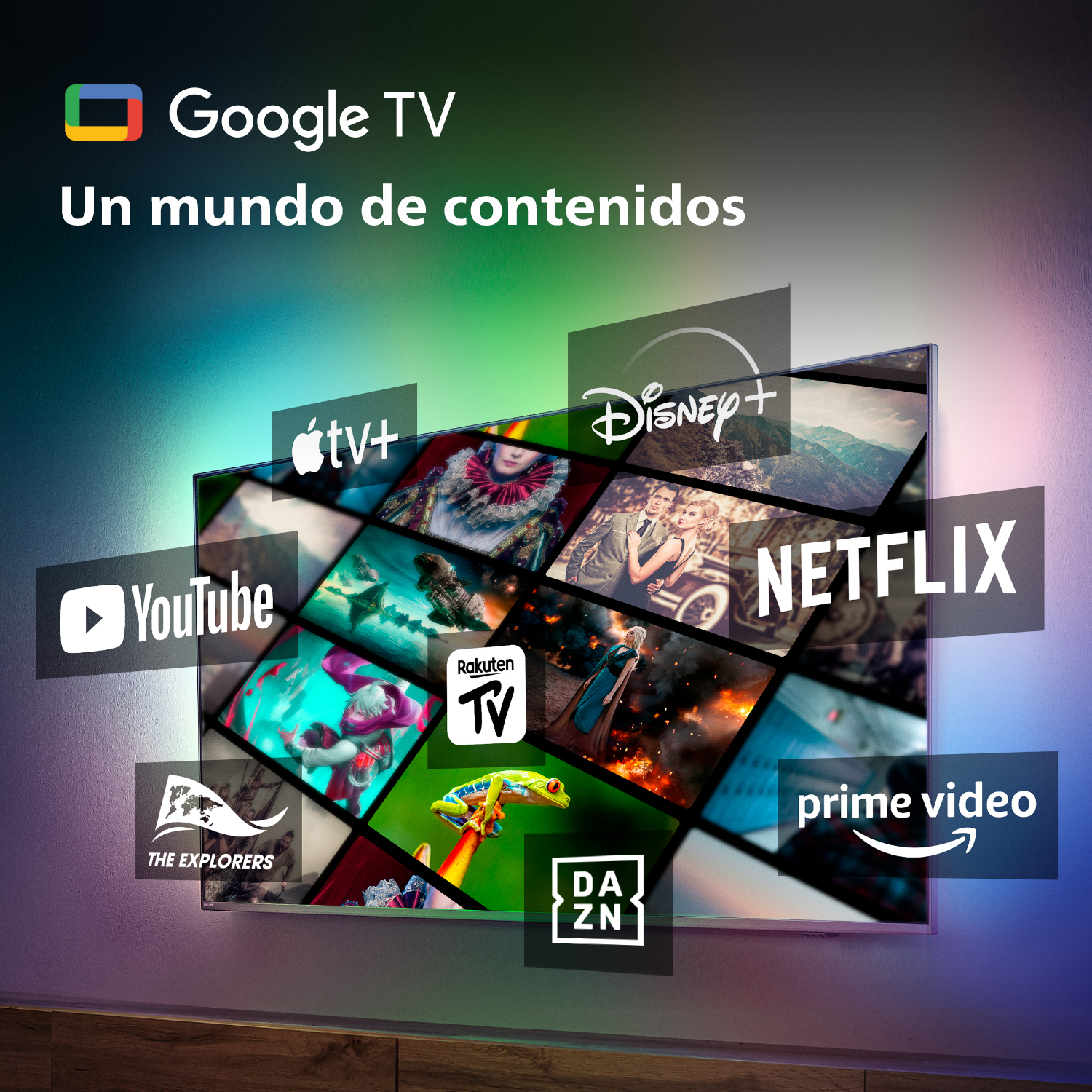Una pantalla de TV muestra logotipos de servicios de streaming como YouTube, Netflix y Disney+ bajo un logo de Google TV.