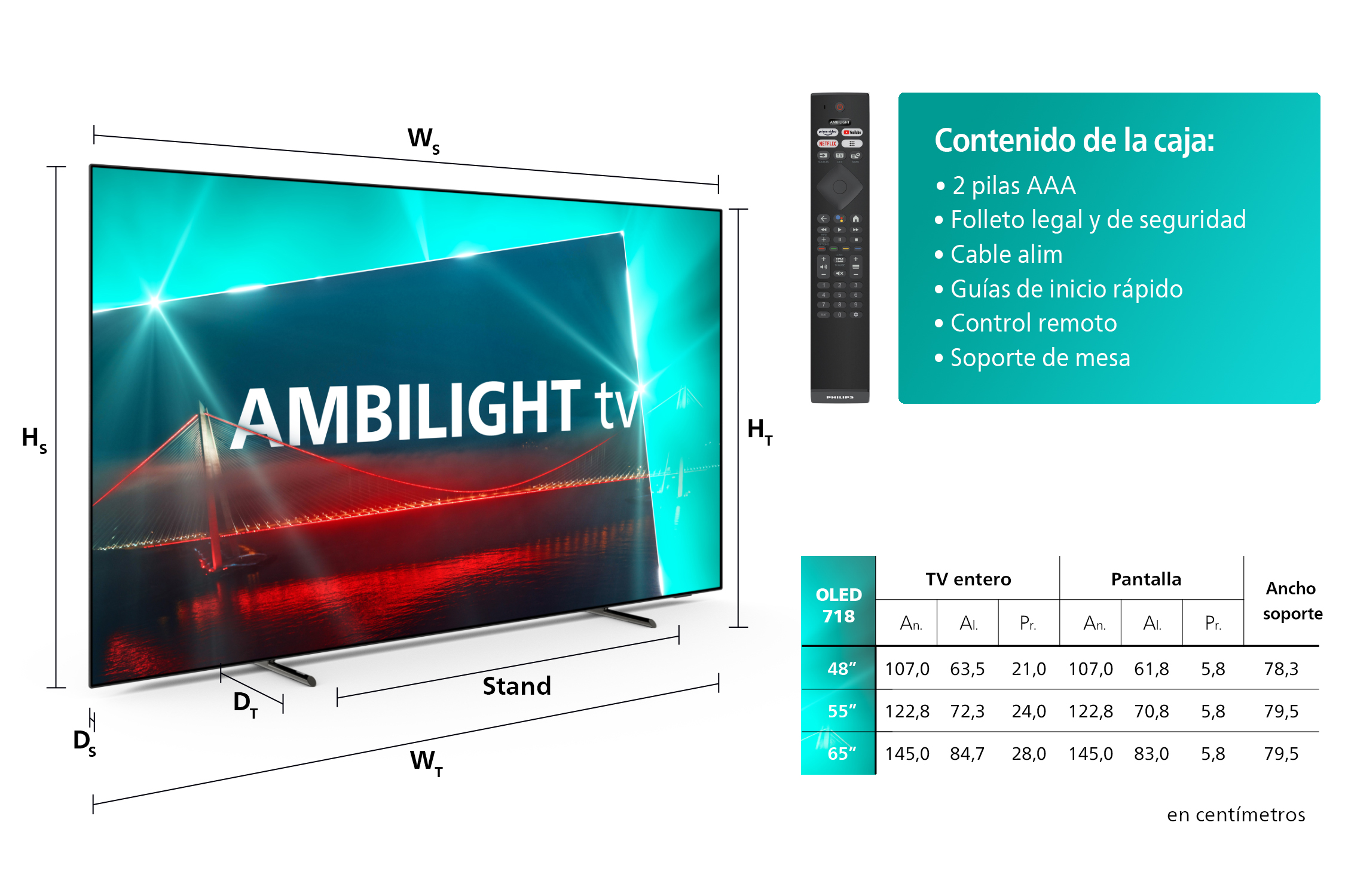 Pantalla de TV y mando a distancia con dimensiones mostradas.
