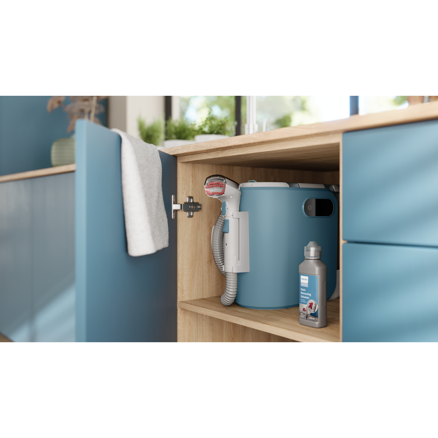 A bathroom cabinet is open, showing a steamer and a cleaning solution bottle.