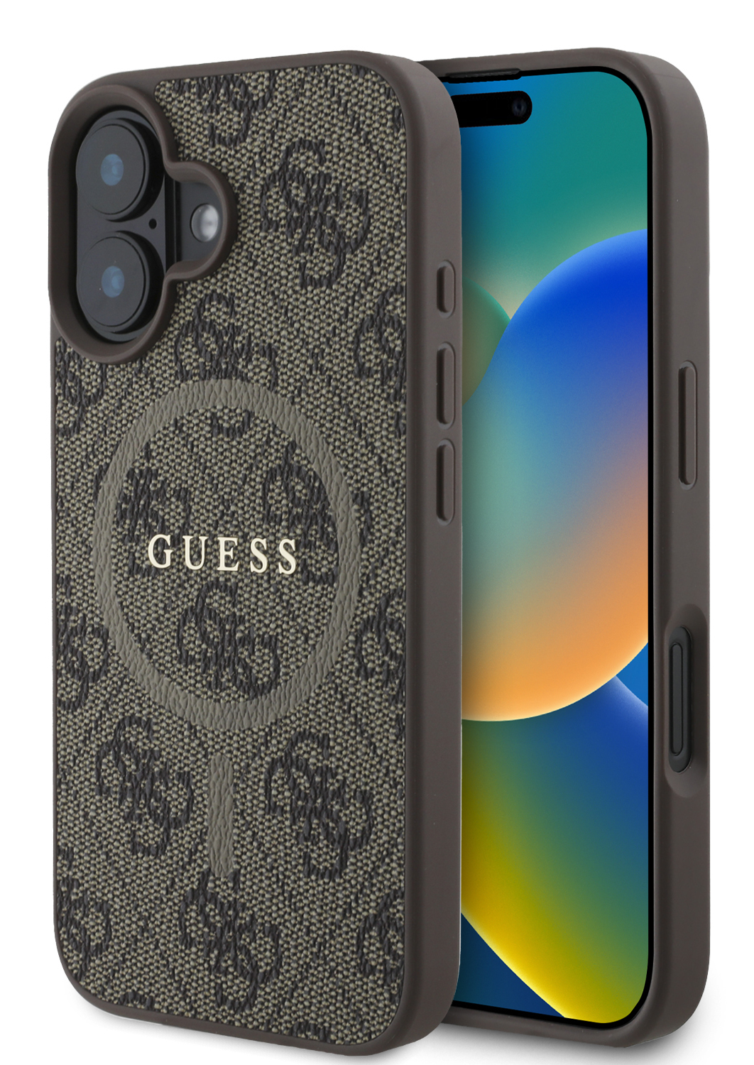 Etui na iPhone'a z wzorem logo Guess, brązowe i beżowe, z telefonem w środku.