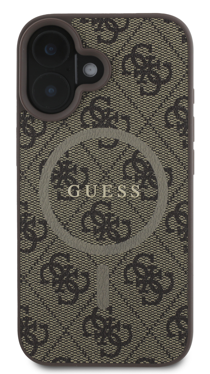 Etui na telefon z wzorem logo Guess. Kolory brązowy i beżowy. Koło do ładowania. Brązowe tło.