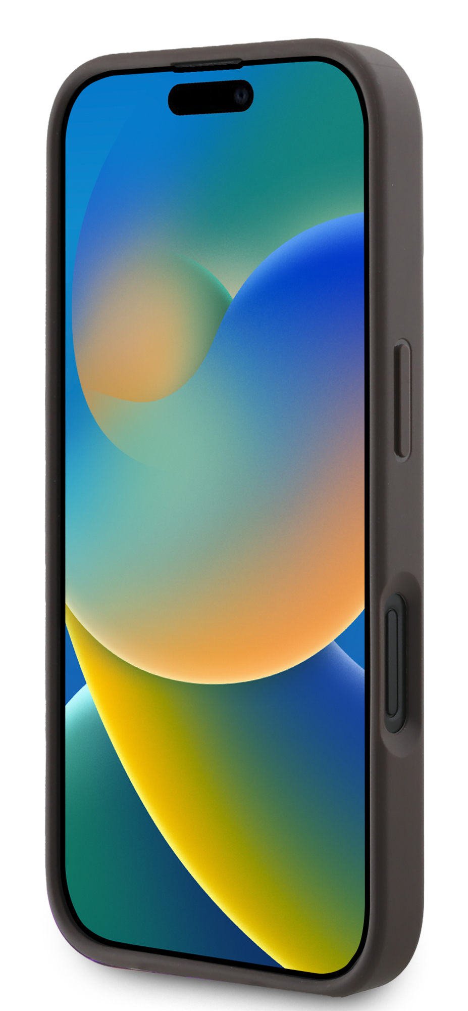 iPhone w brązowym etui, pokazujący ekran telefonu i niektóre przyciski boczne.