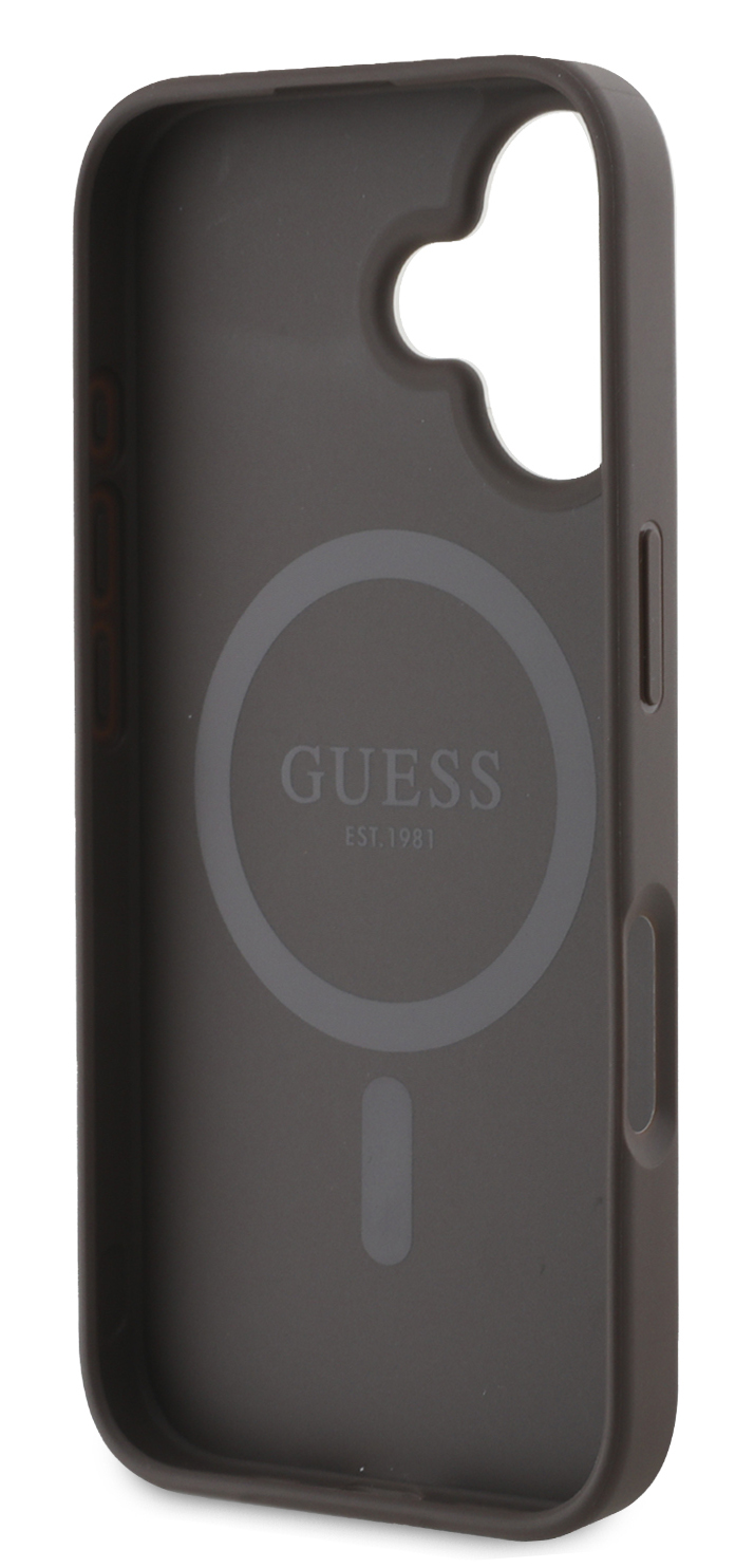 Ciemnoszara obudowa telefonu Guess, widok z tyłu, z logo Guess i okręgiem magnetycznym.