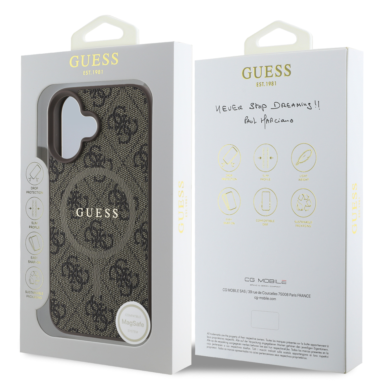 Etui na telefon Guess w pudełku. Etui ma wzór logo i pierścień kompatybilny z MagSafe.