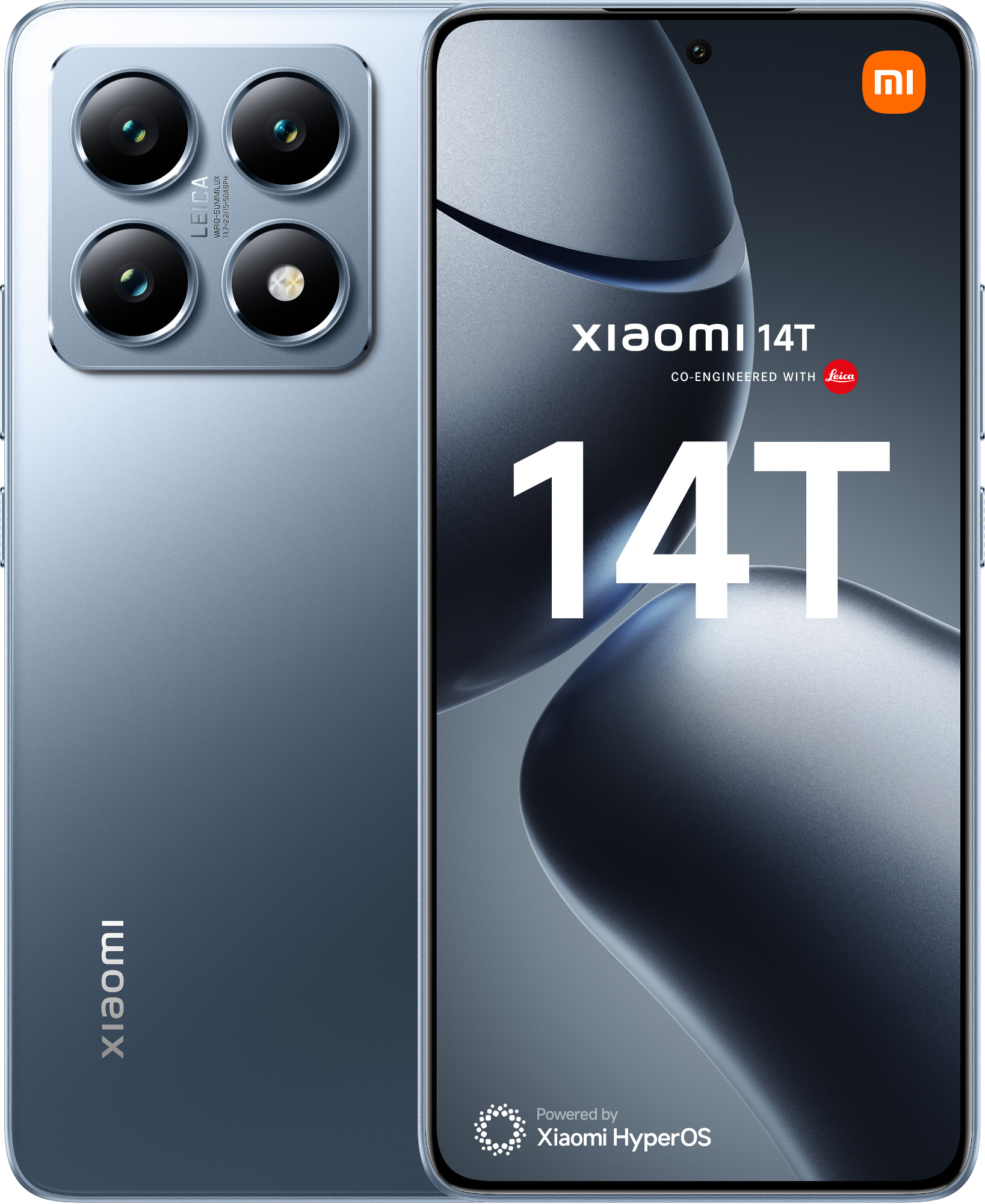 Niebieski telefon z trzema aparatami. Tekst: Xiaomi 14T.