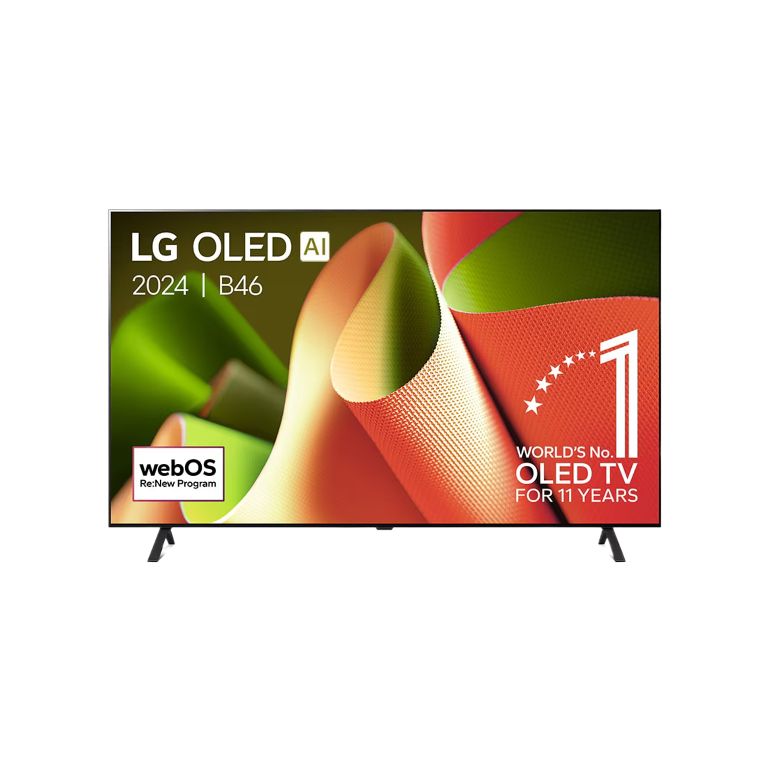 Le téléviseur LG OLED AI 2024 affiche un arrière-plan coloré et abstrait. Sur la droite, on lit : World's No. 1 OLED TV for 11 years.