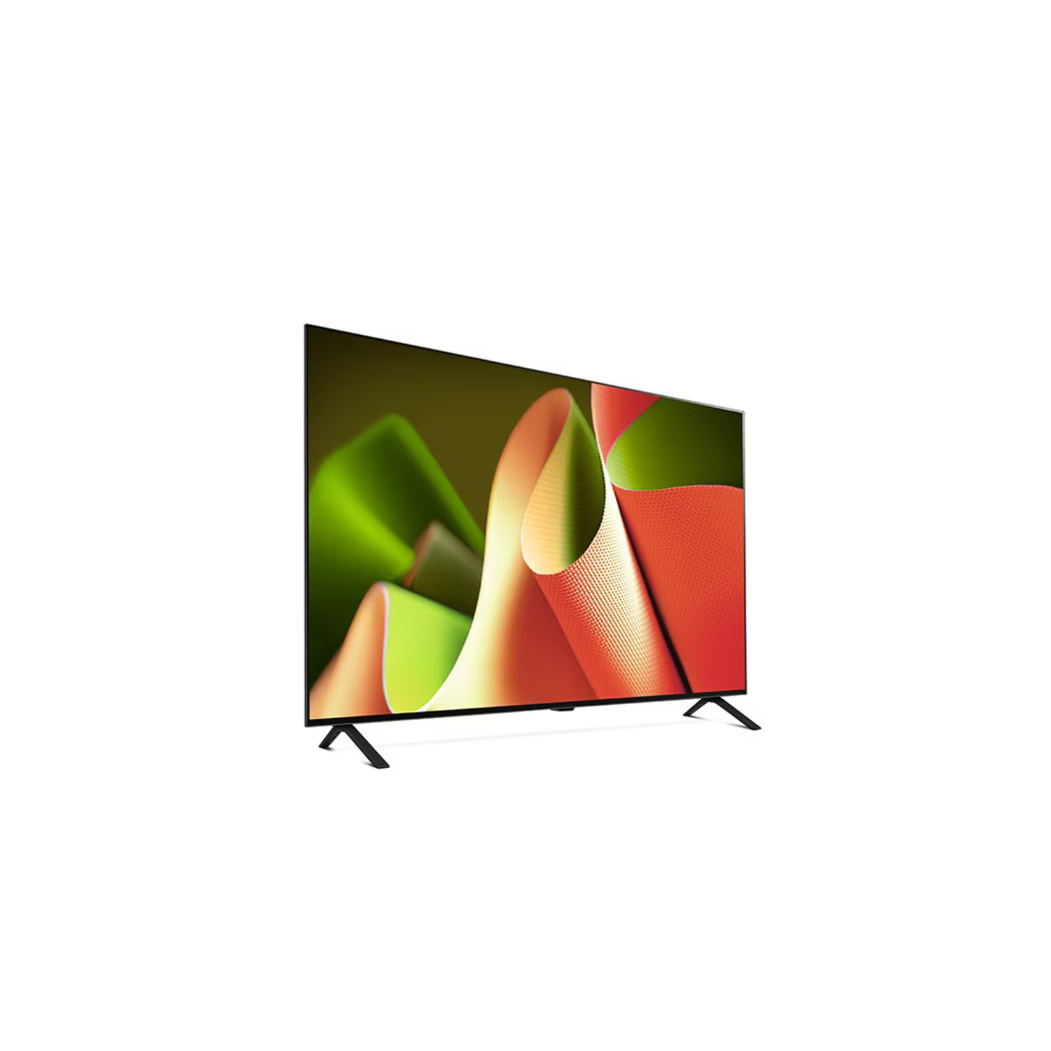 Une télévision sur fond blanc. L'écran affiche un motif abstrait coloré de rouge, vert et orange.
