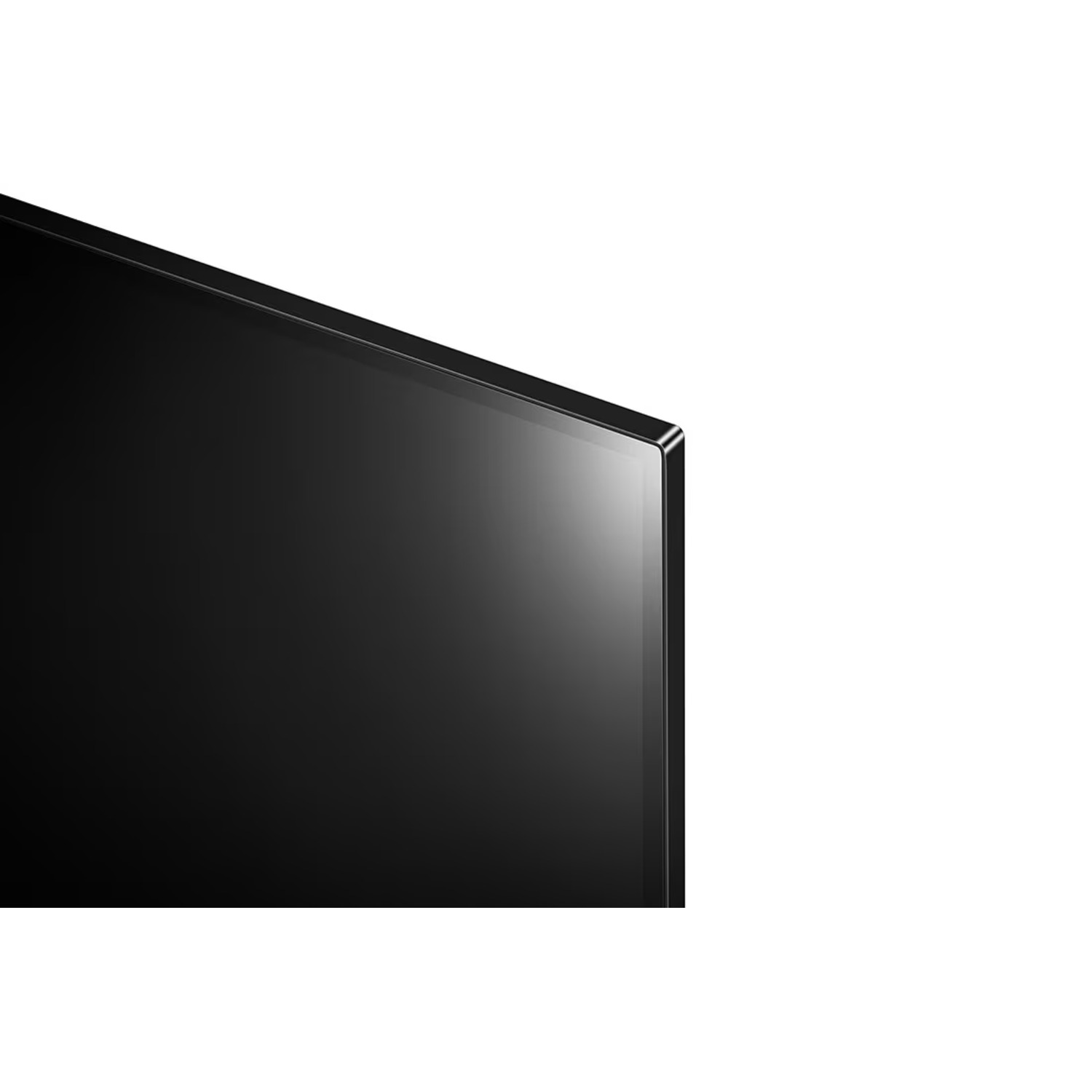 Un grand écran de télévision noir, avec un cadre étroit, légèrement incliné vers la droite sur fond blanc.