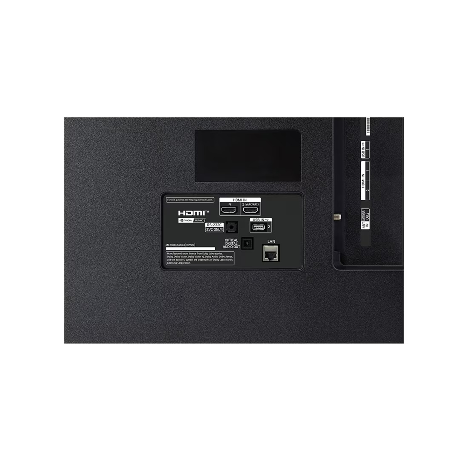 Panneau arrière d'un téléviseur noir avec divers ports, dont HDMI, USB et un port LAN.