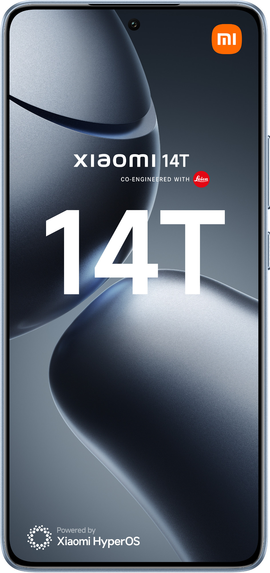 Smartfon z niebieską ramką i tekstem 14T. Tło ma rozmyte niebieskie kształty.