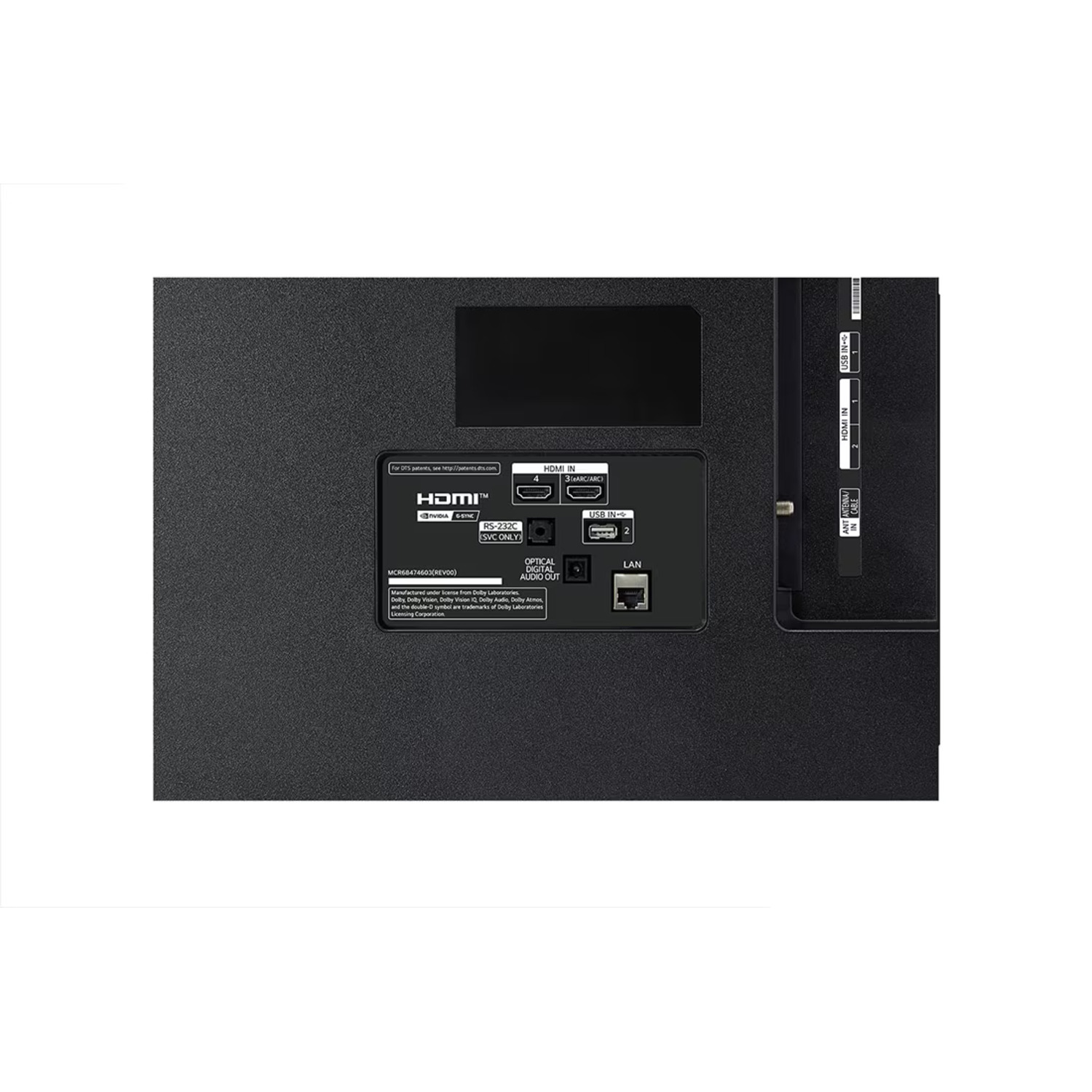 Gros plan sur l'arrière d'un téléviseur. Les ports HDMI, USB, sortie audio et LAN sont visibles.