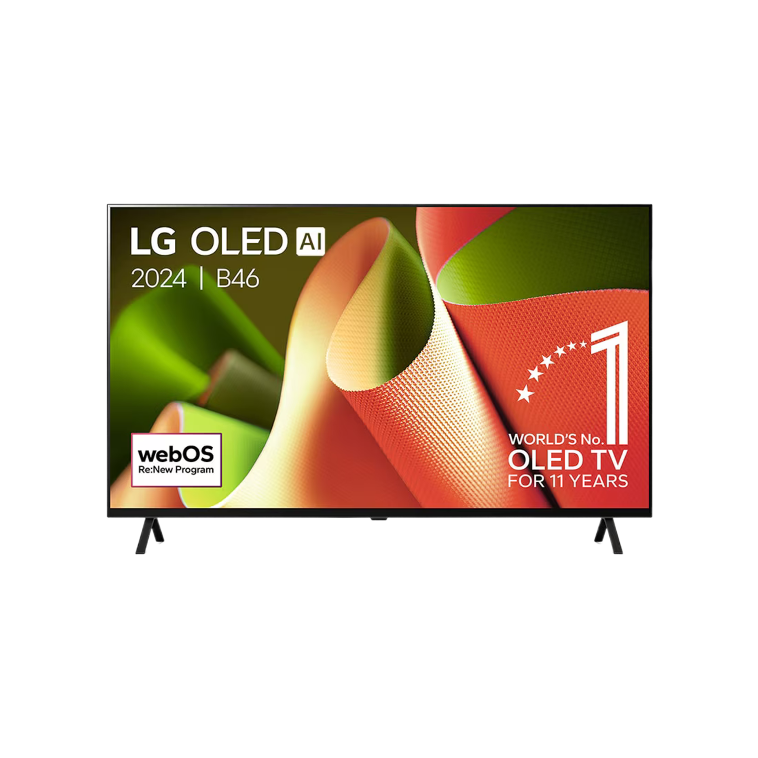 Téléviseur LG OLED avec art abstrait vert et rouge.
