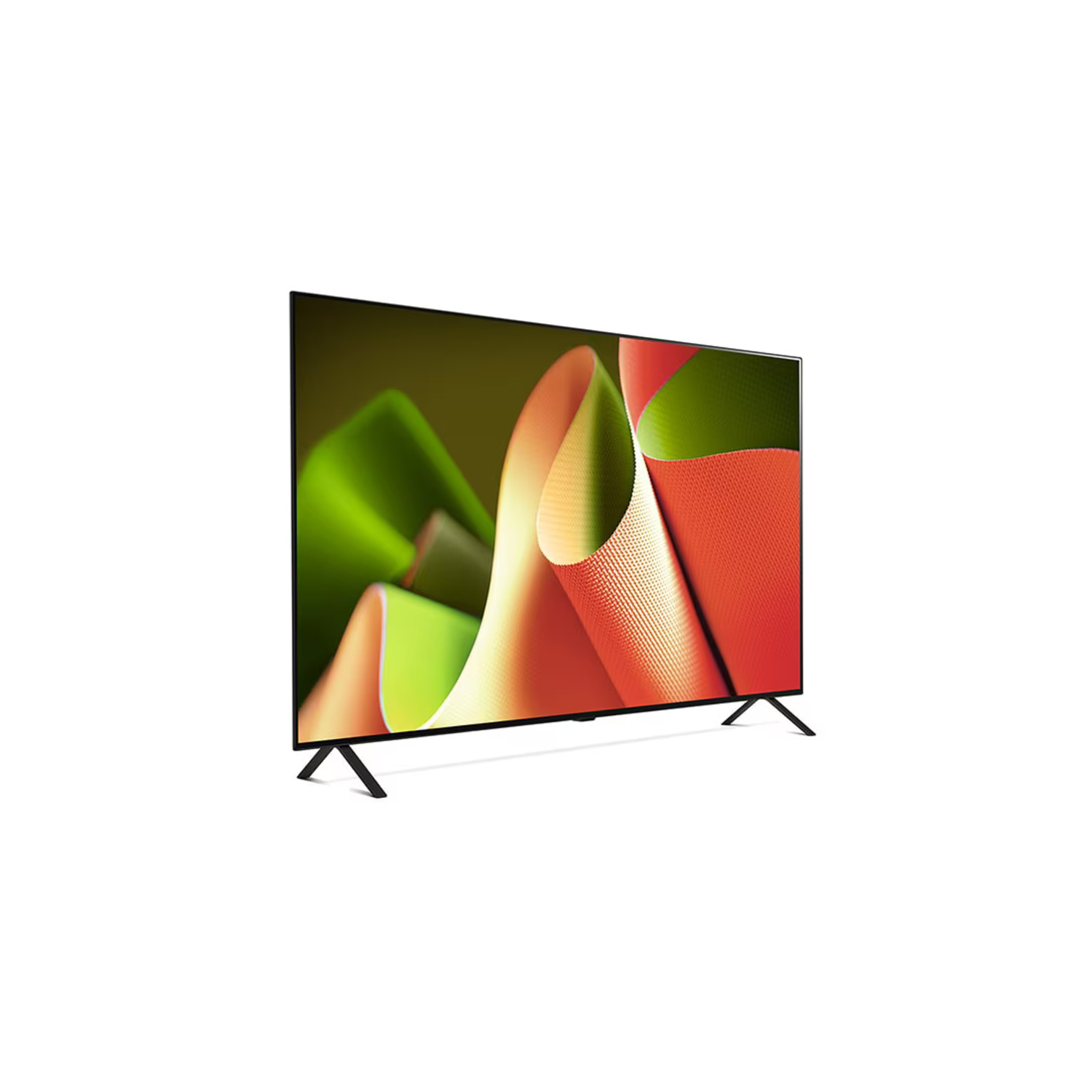 Une TV avec une image abstraite verte, rouge et blanche, avec des pieds noirs.