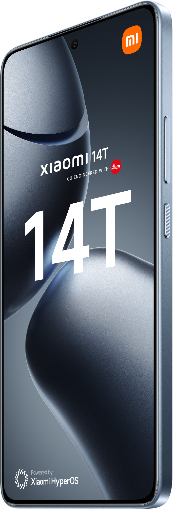 Smartfon Xiaomi 14T. Szaro-niebieski kolor, z logo Xiaomi i marką Leica. Widok perspektywiczny.