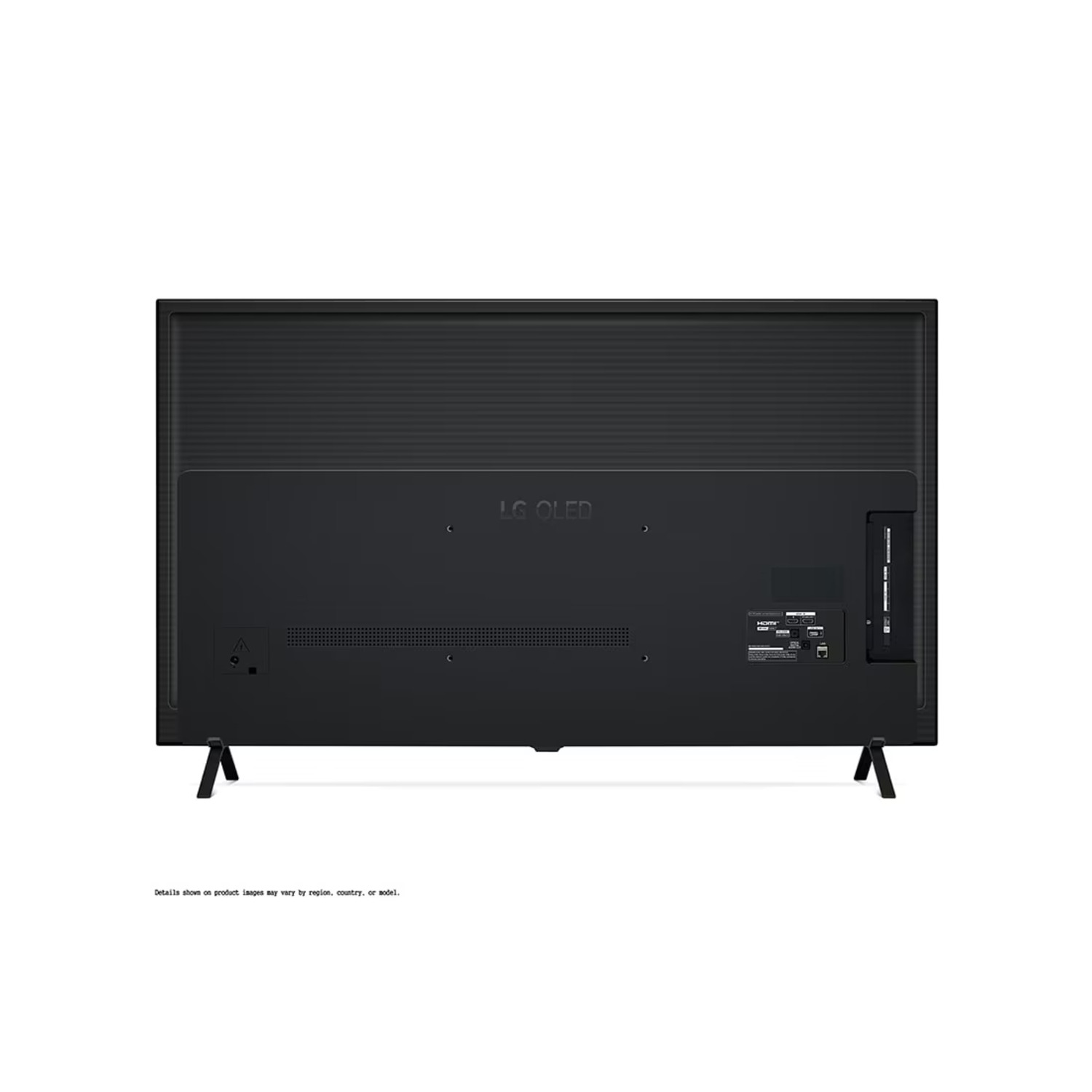 Arrière d'un téléviseur LG OLED noir avec ports, connecteurs et pied.